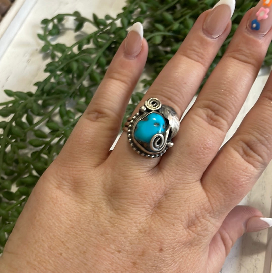 Handcrafted Turquoise & Sterling Silver Feather Ring Signed Size 8.75