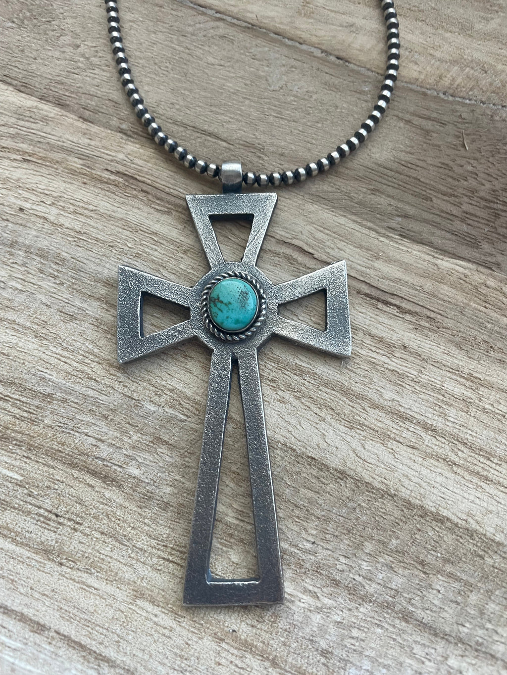 Handcrafted Sterling Silver & Turquoise Cross Pendant Signed Eugene Mitchell