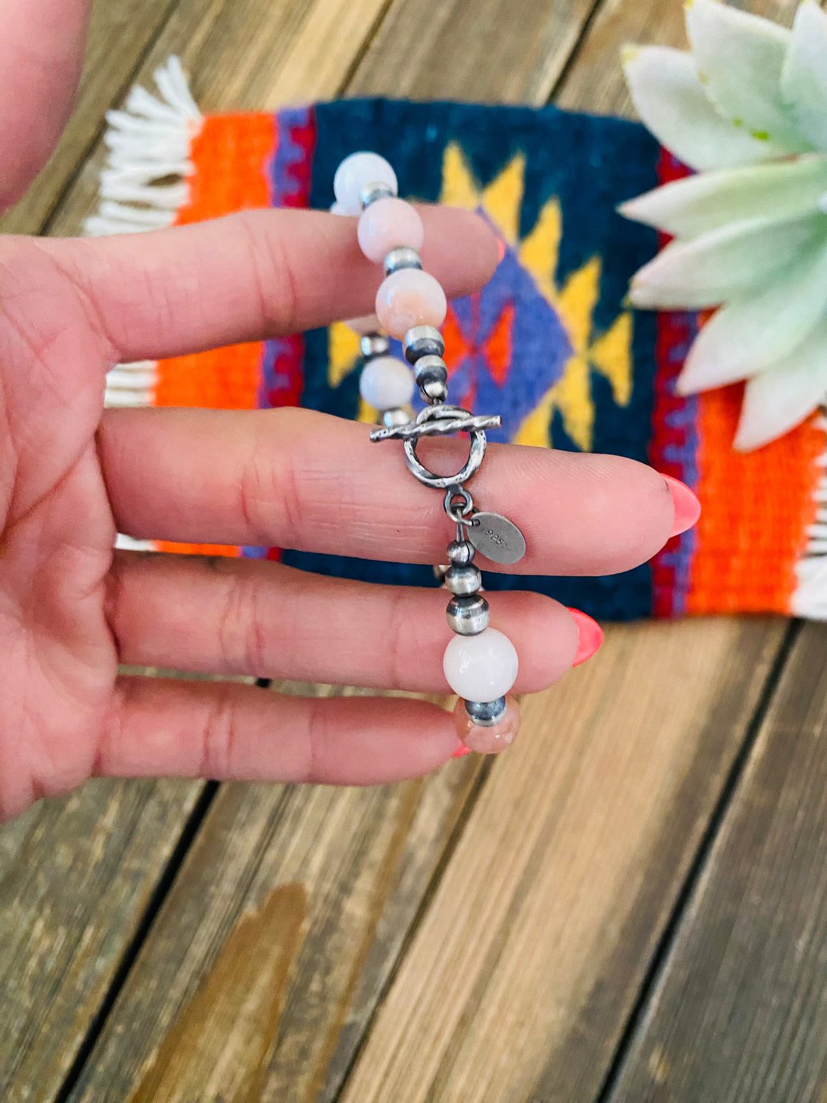 Handcrafted Queen Pink Conch Shell & Sterling Silver Beaded Bracelet
