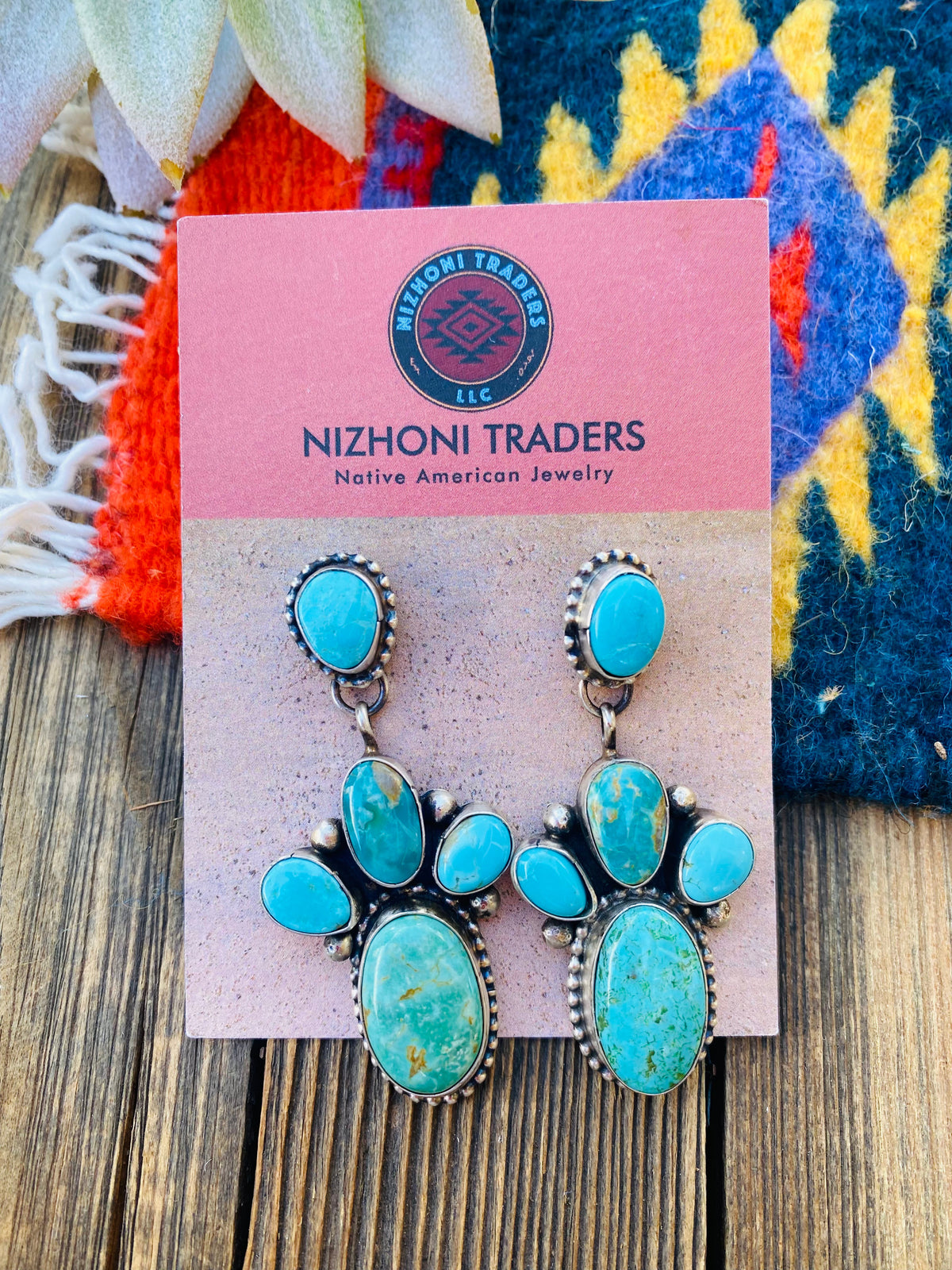 Handcrafted Multi Turquoise & Sterling Silver Cluster Dangle Earrings