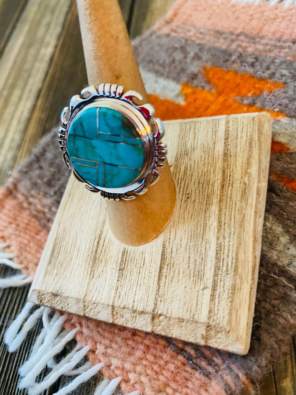 Handcrafted Sterling Silver & Turquoise Inlay Ring Size 6.75