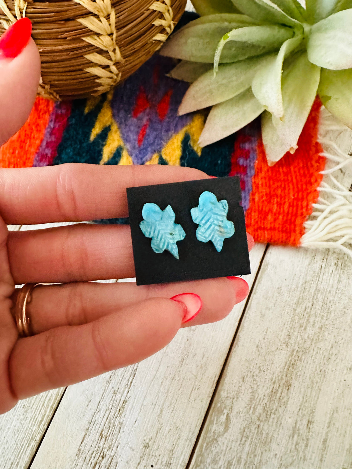 Handcrafted Hand Carved Turquoise Fetish Lizard Stud Earrings