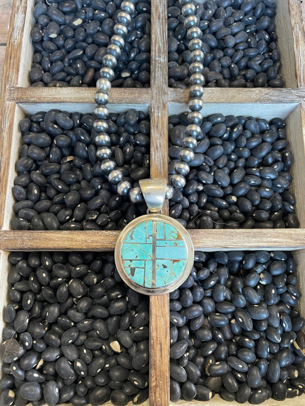 Handcrafted Number 8 Turquoise Inlay & Sterling Silver Circle Pendant