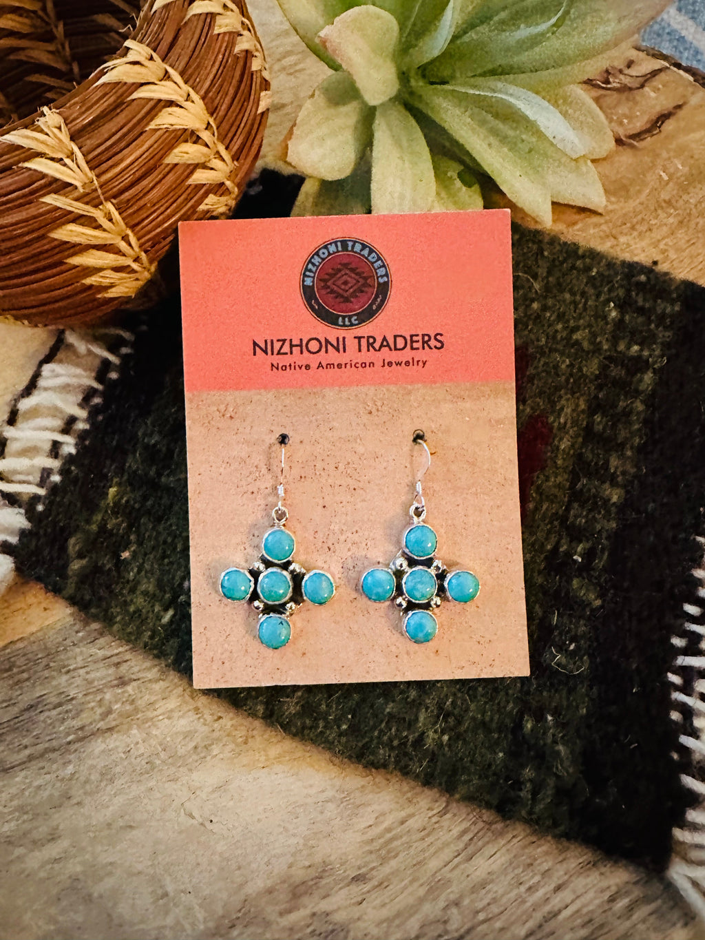 Handcrafted Sterling Silver & Turquoise Cluster Cross Dangle Earrings