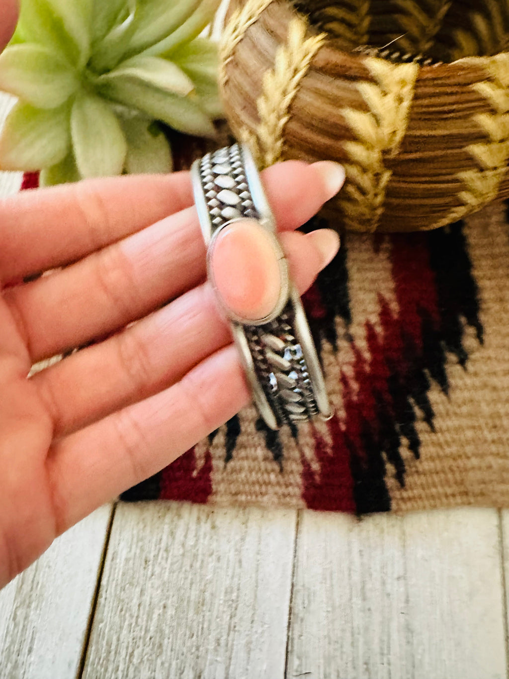 Handcrafted Queen Pink Conch Shell & Sterling Silver Cuff Bracelet