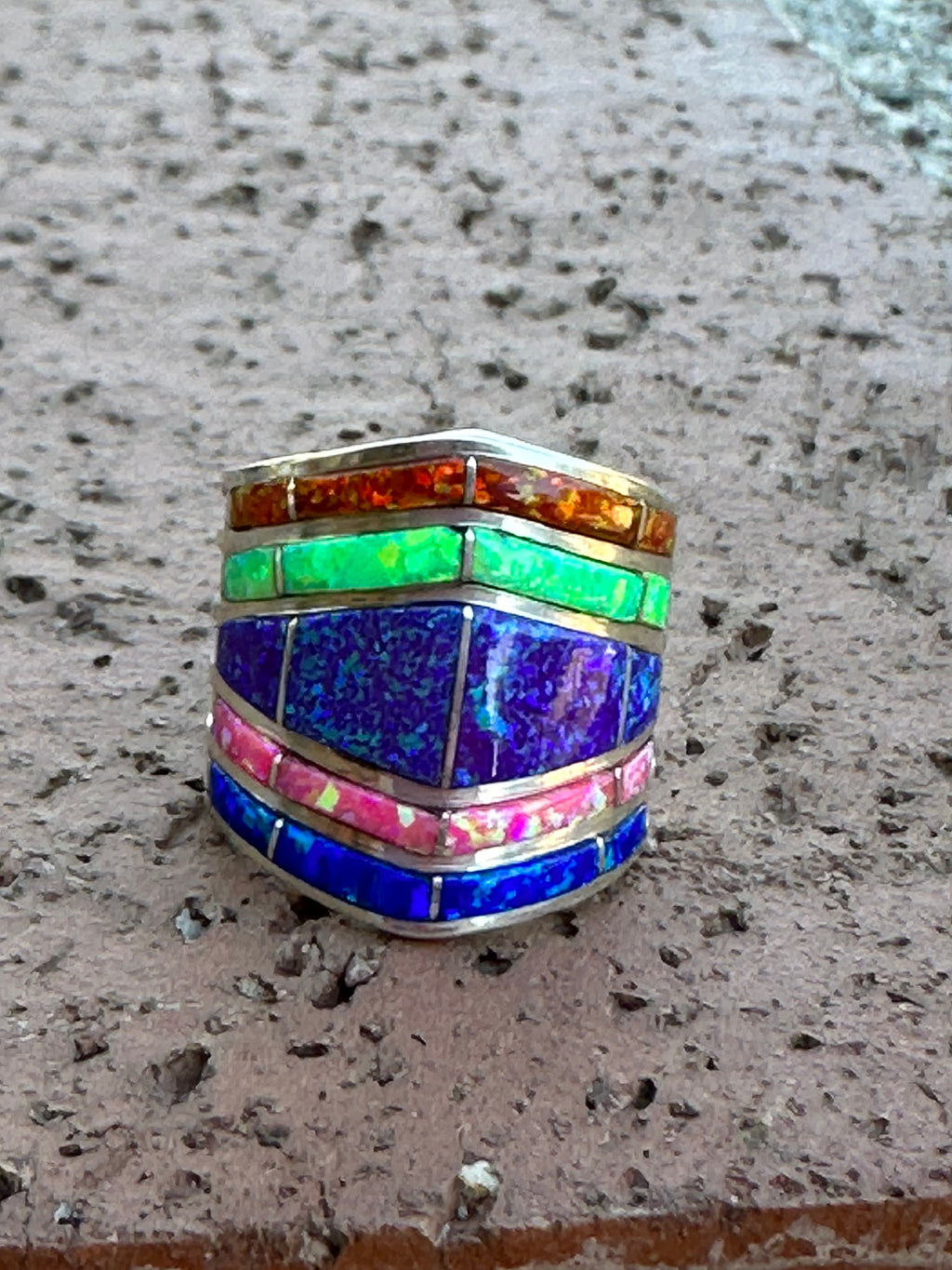 Handcrafted Sterling Silver Tri Color Opal Inlay  Stacker Ring