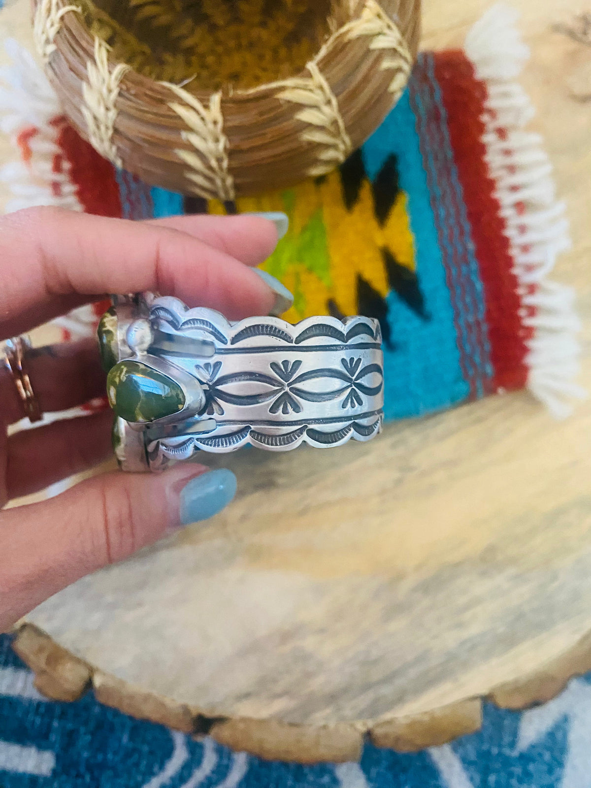 Handcrafted Royston Turquoise & Sterling Silver Cuff Bracelet Signed /