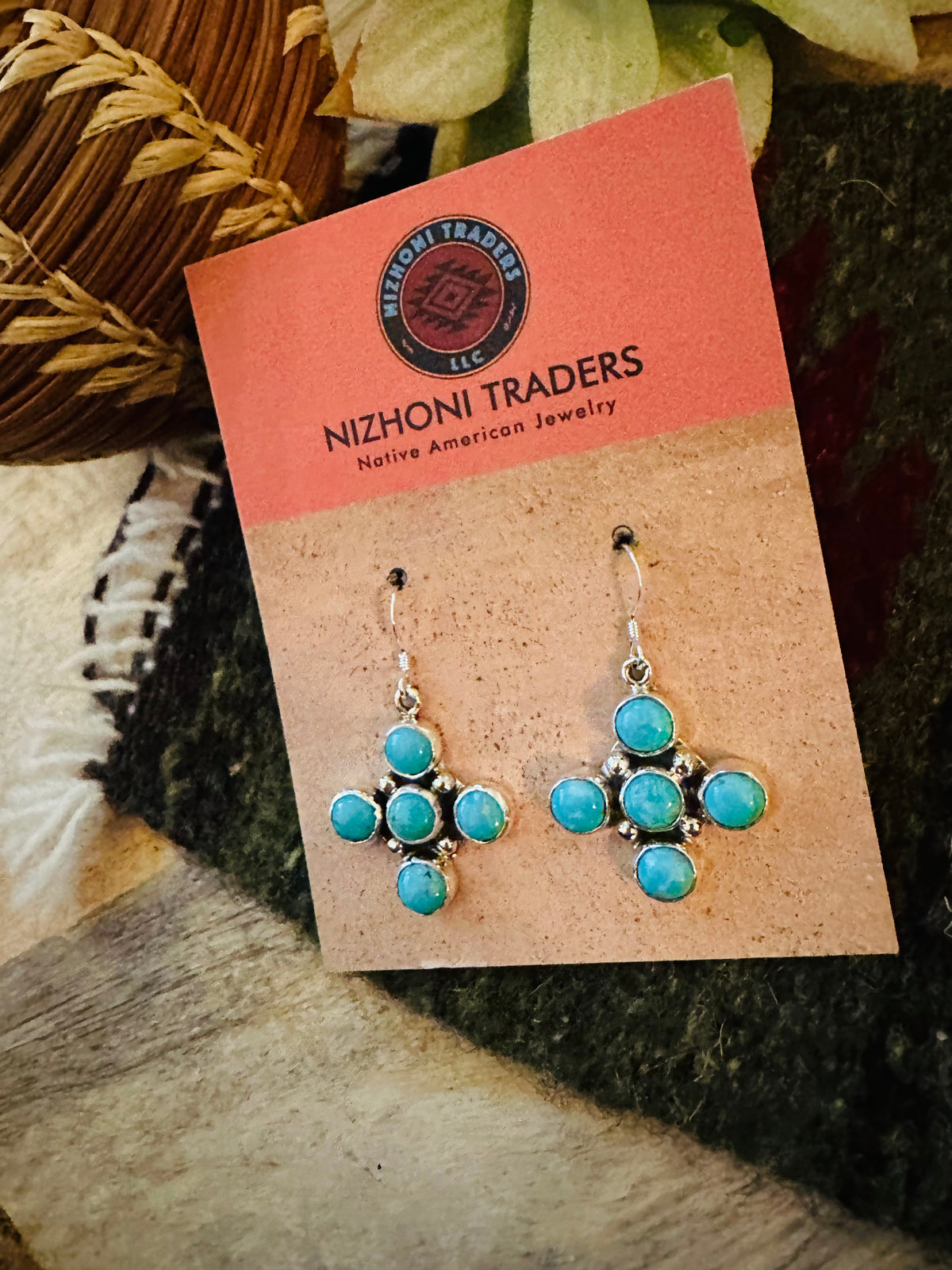 Handcrafted Sterling Silver & Turquoise Cluster Cross Dangle Earrings