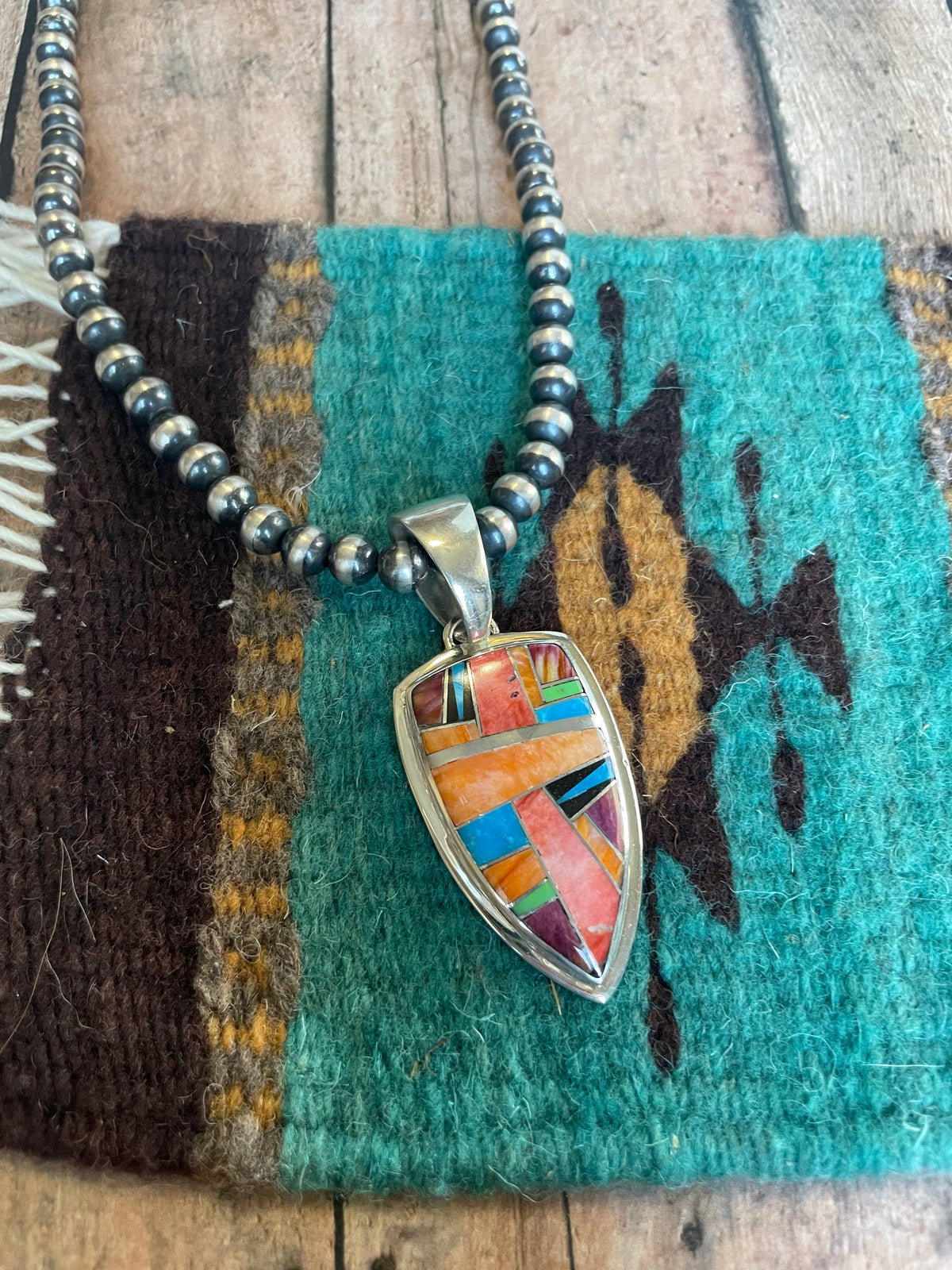Handcrafted Multi Stone Inlay & Sterling Silver Pendant Signed