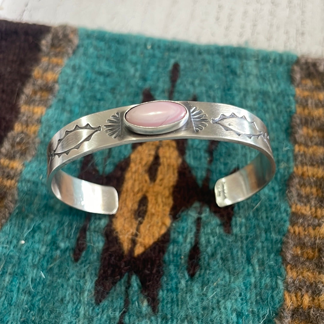 Pink Conch & Sterling Silver Adjustable Cuff Bracelet Signed