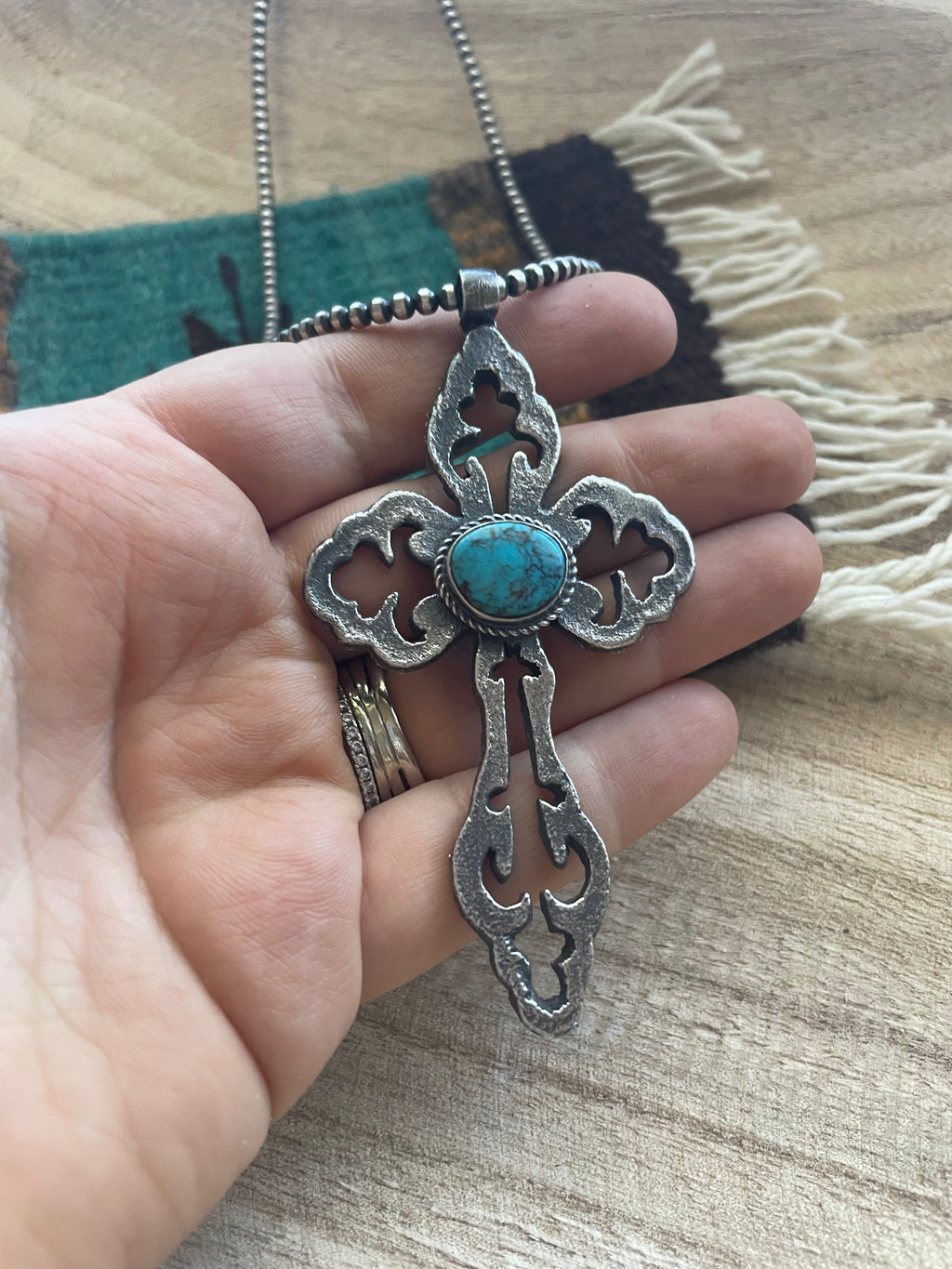 Handcrafted Sterling Silver & Turquoise Cross Pendant Signed Eugene Mitchell