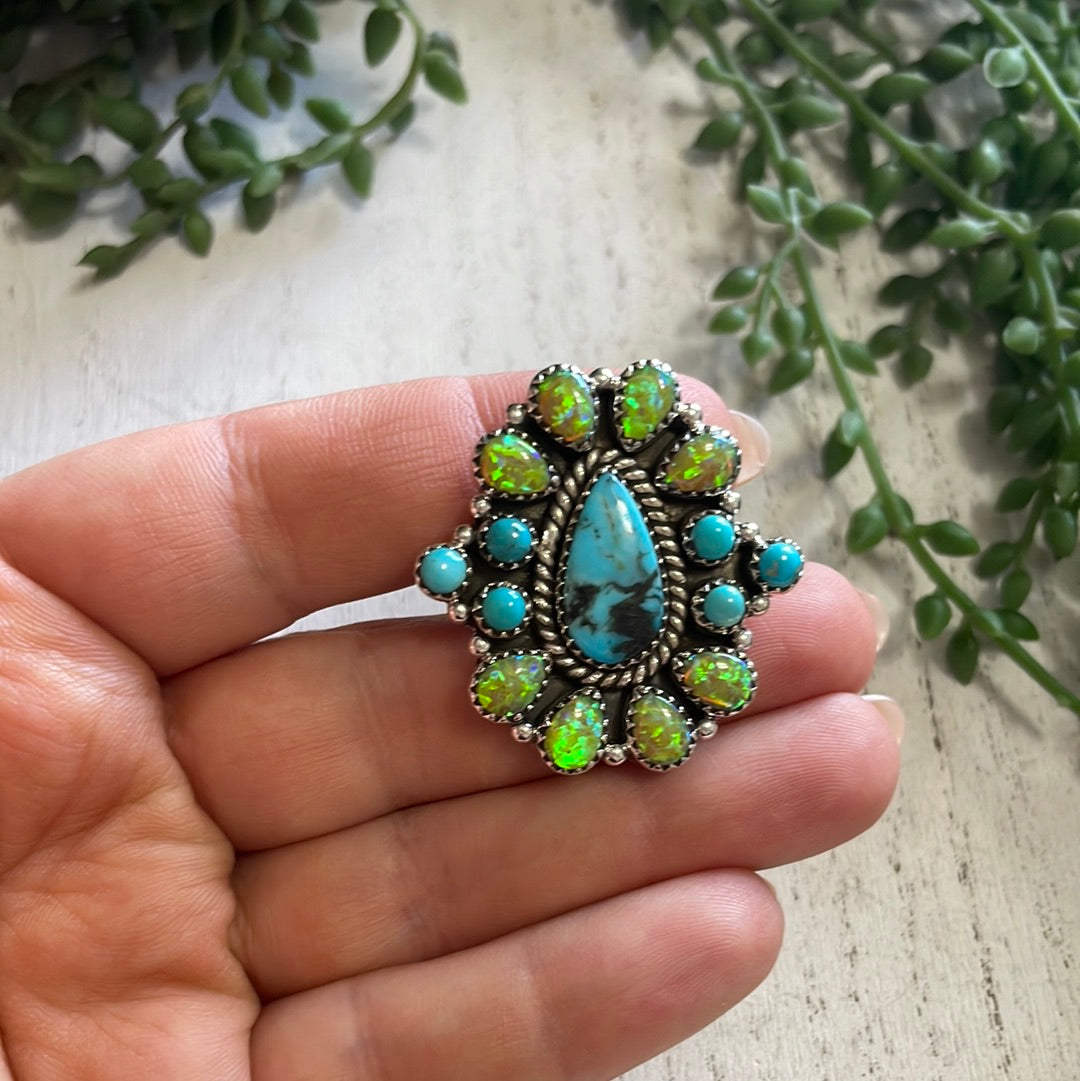 Nizhoni Handmade Fire Opal, Turquoise And Sterling Silver Adjustable Ring