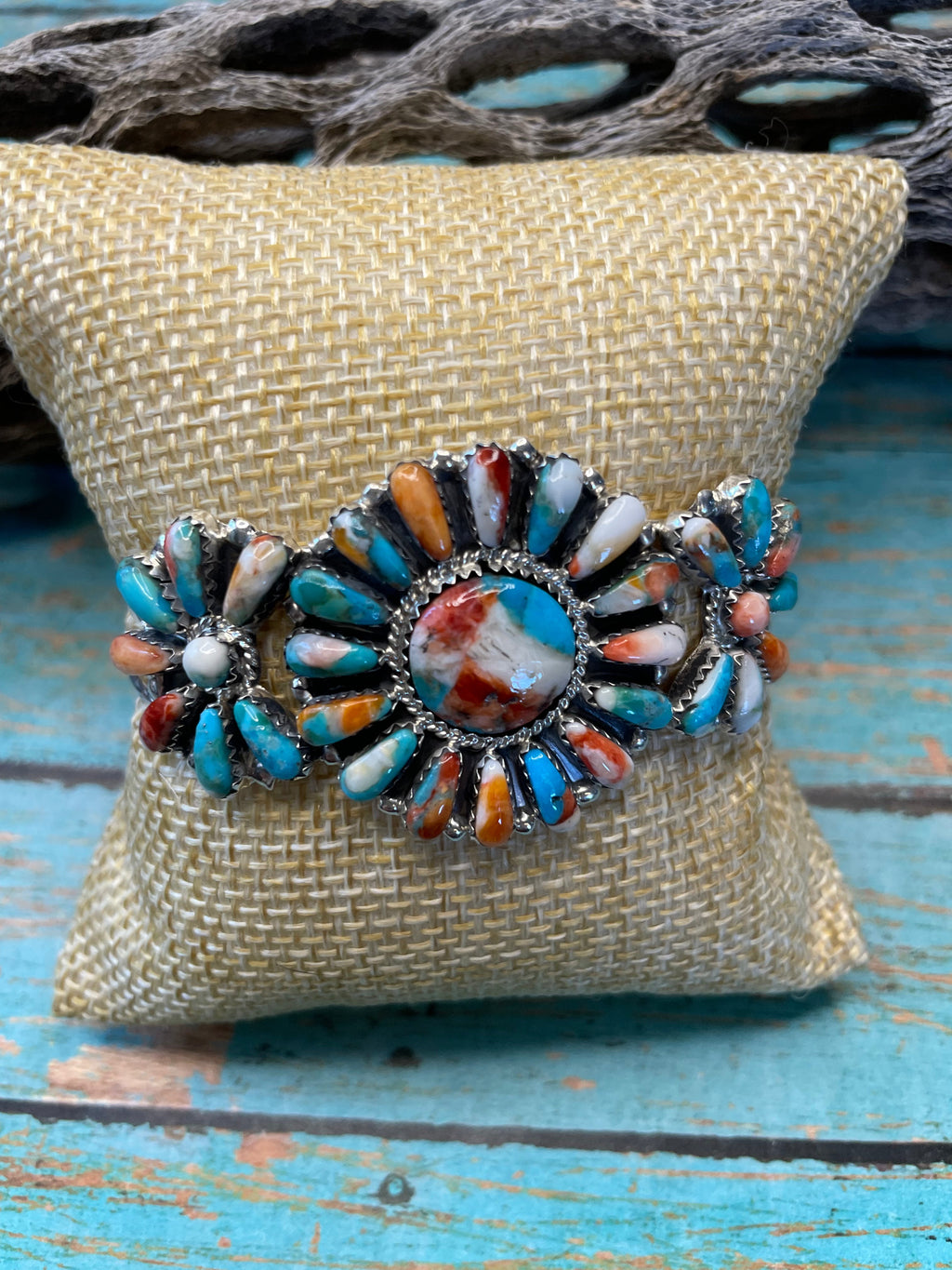 Handcrafted Multi Stone Spice And Sterling Silver Cluster Bracelet Cuff