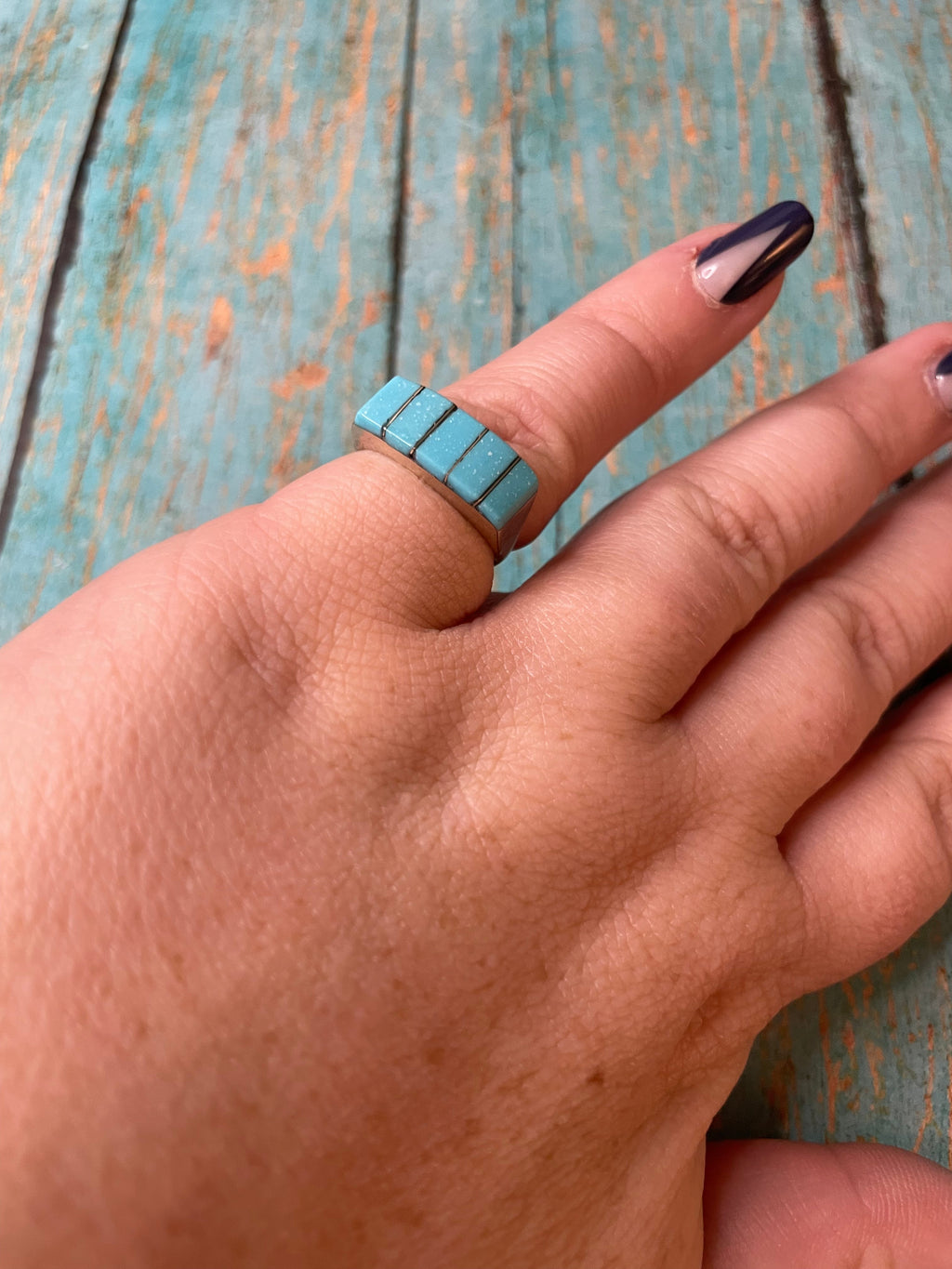 Handcrafted 5 Stone Inlay Turquoise & Sterling Silver Ring Signed