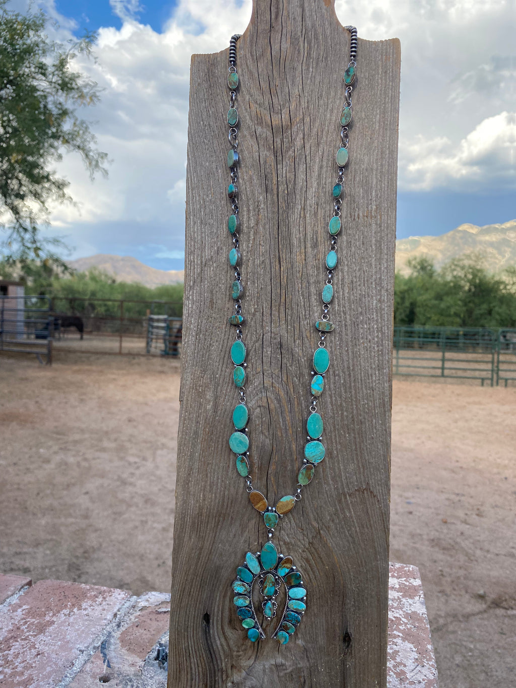 Handcrafted Sterling Silver & Royston Turquoise Drop Necklace Signed