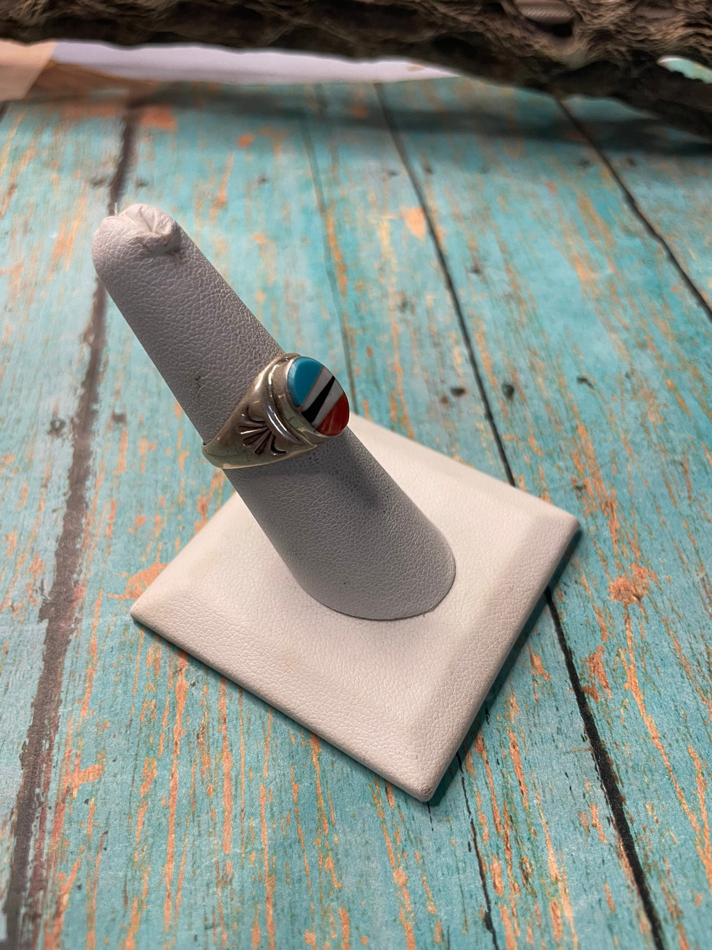 Old Pawn Handcrafted Sterling Silver & Multi Stone Inlay Ring Size 6