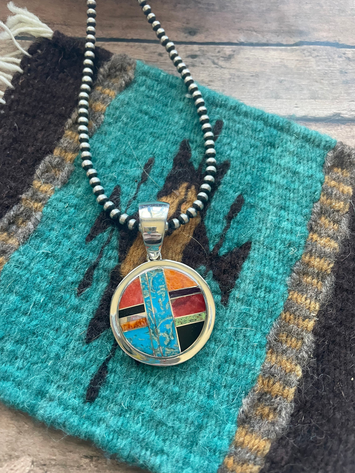 Handcrafted Multi Stone Inlay & Sterling Silver Circle Pendant