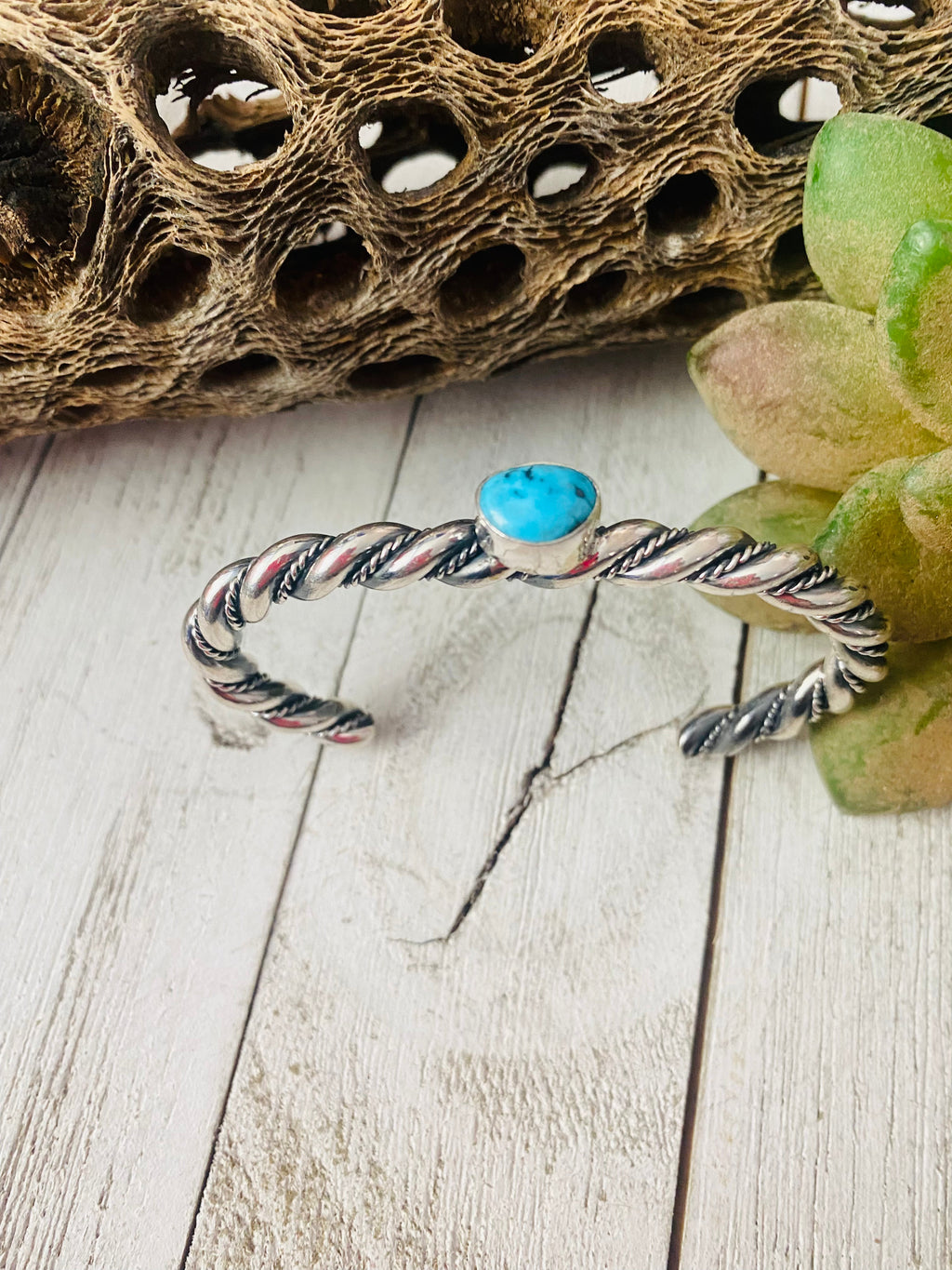 Handcrafted Twisted Sterling Silver & Kingman Turquoise Cuff Bracelet