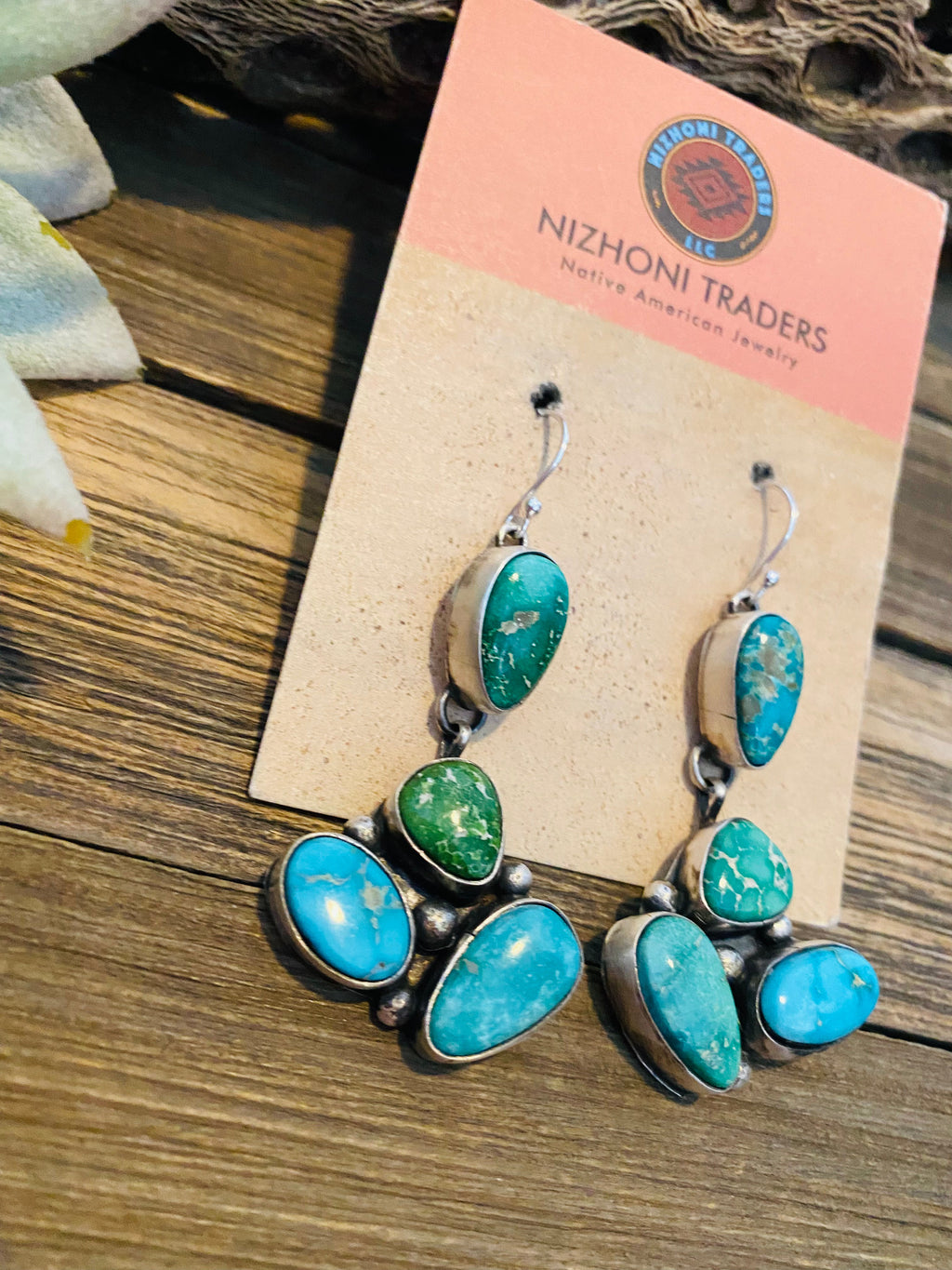 Handcrafted Multi Turquoise & Sterling Silver Cluster Dangle Earrings