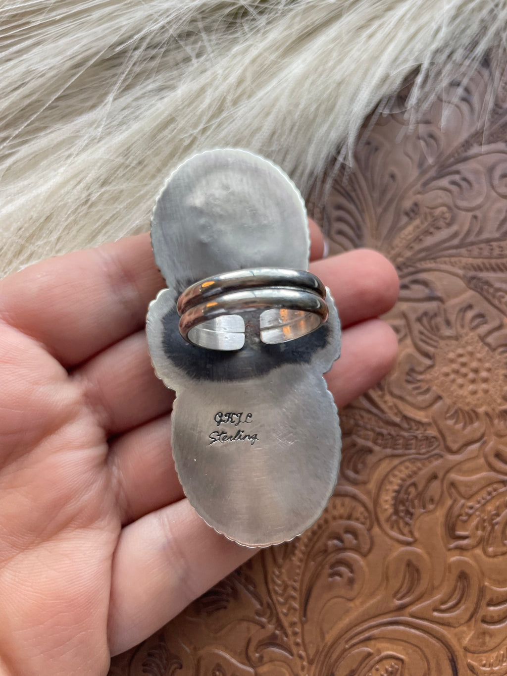 Handcrafted Sterling Silver And Turquoise Statement Adjustable Ring Signed