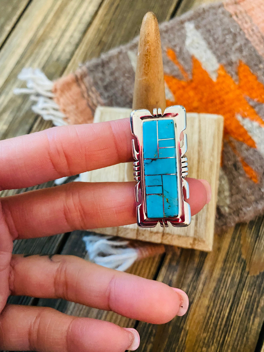 Handcrafted Sterling Silver & Turquoise Inlay Ring Size 6.5