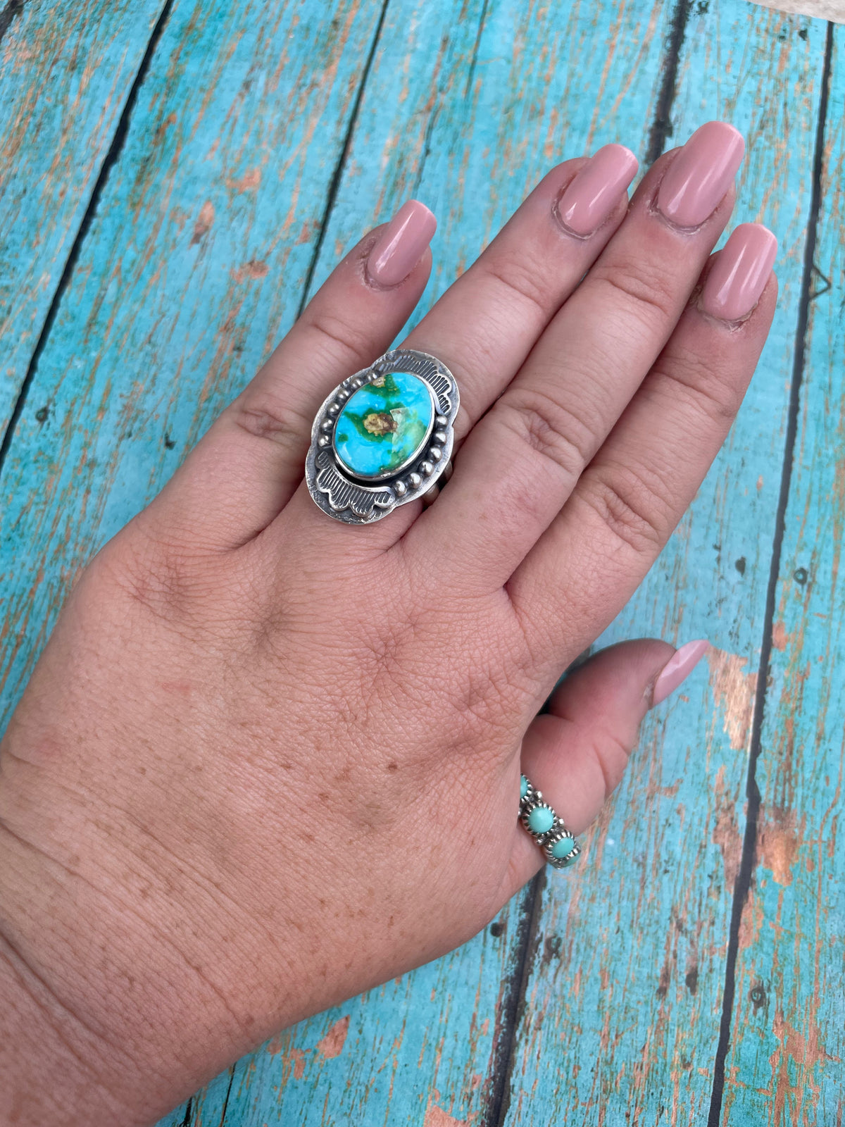 Handcrafted Sonoran Mountain Turquoise And Sterling Silver Statement Ring Size 9