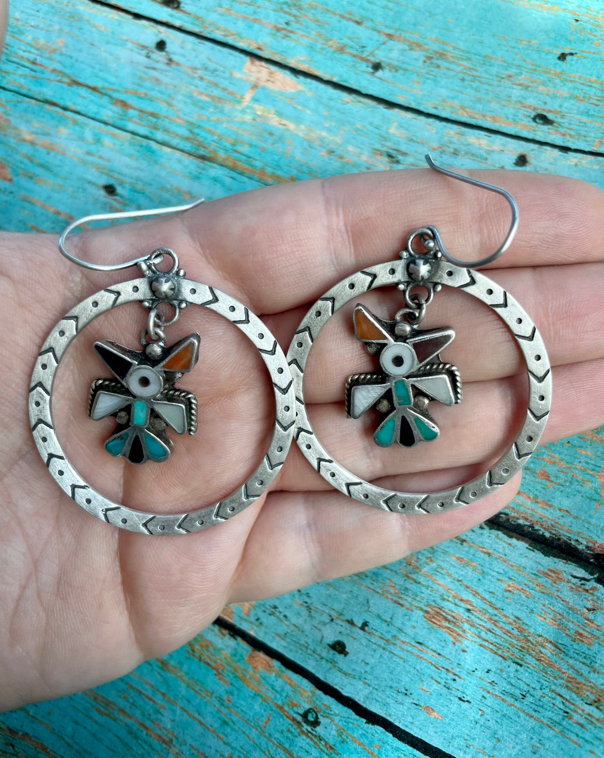 Vintage Old Pawn Handcrafted Thunderbird Sterling Silver Hoop Dangle Earrings