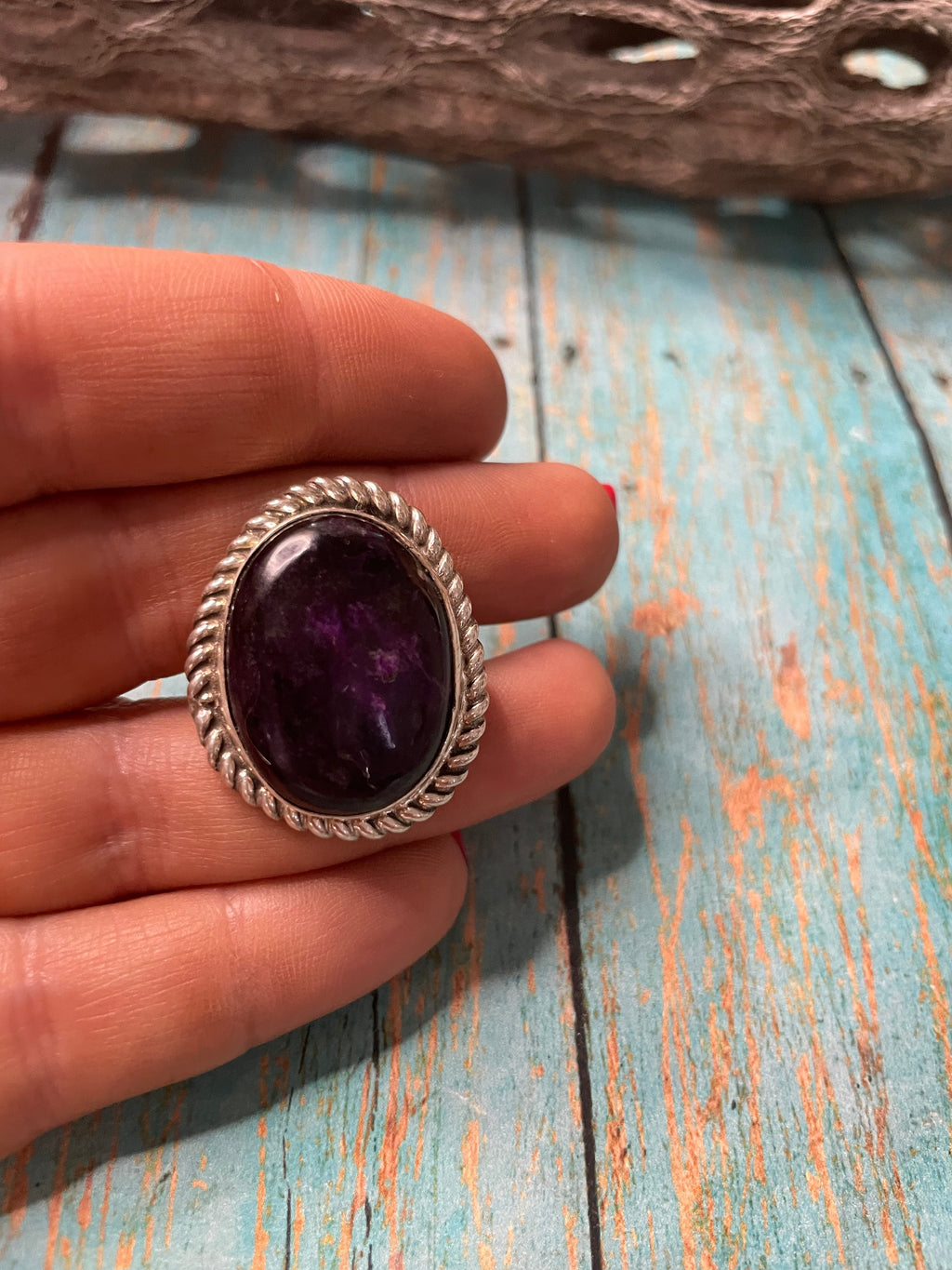 Old Pawn Handcrafted Sterling Silver & Charorite Ring Size 7.5