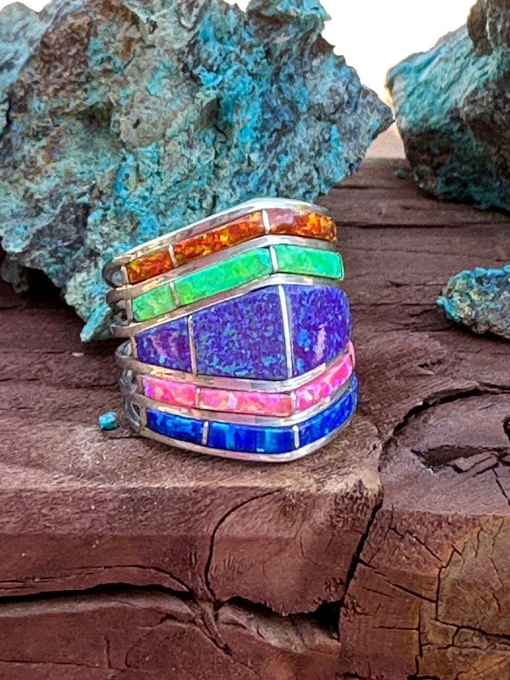 Handcrafted Sterling Silver Tri Color Opal Inlay  Stacker Ring