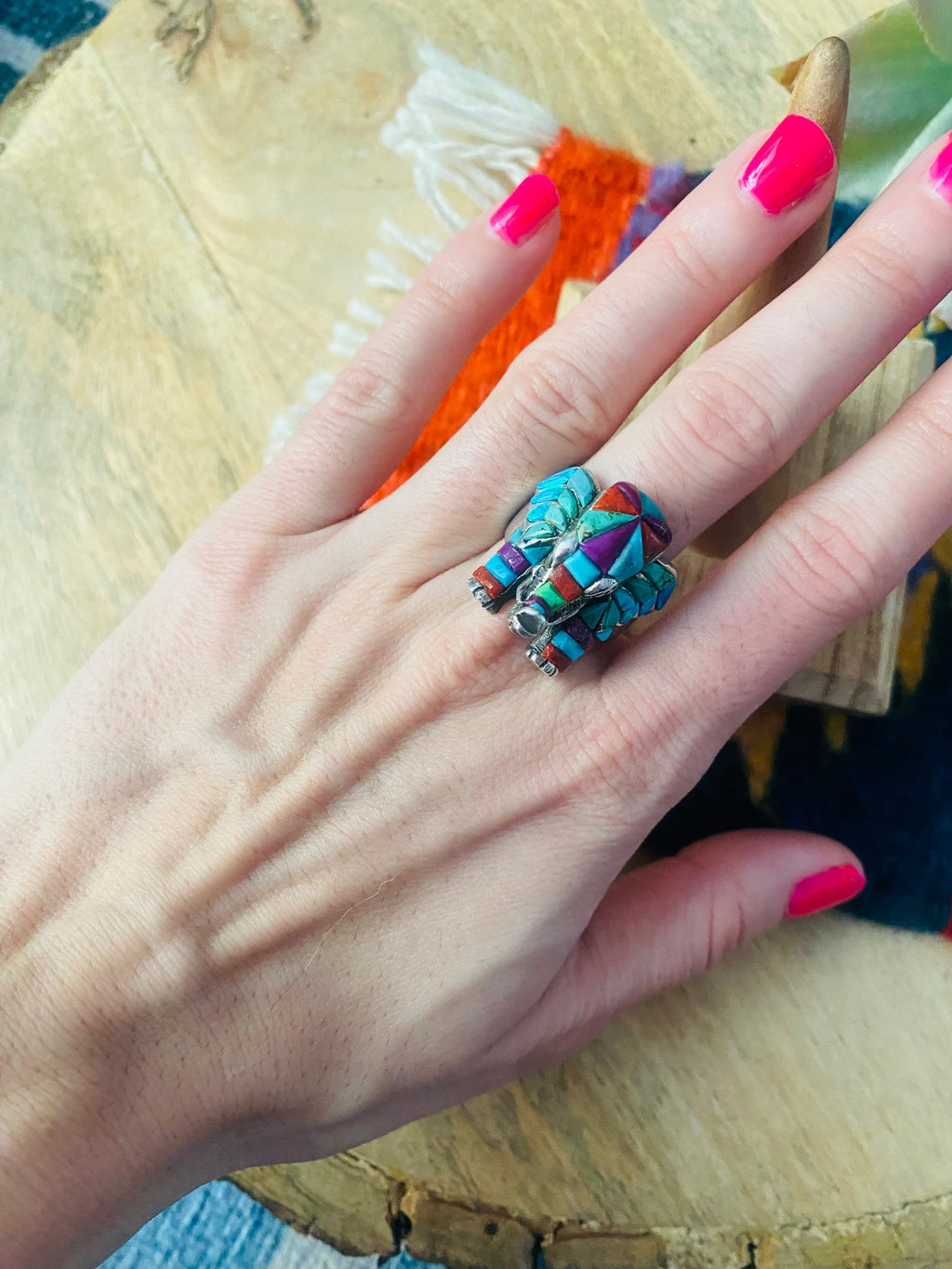 Handmade Sterling Silver & Multi Stone Inlay Elephant Ring Size 7.5