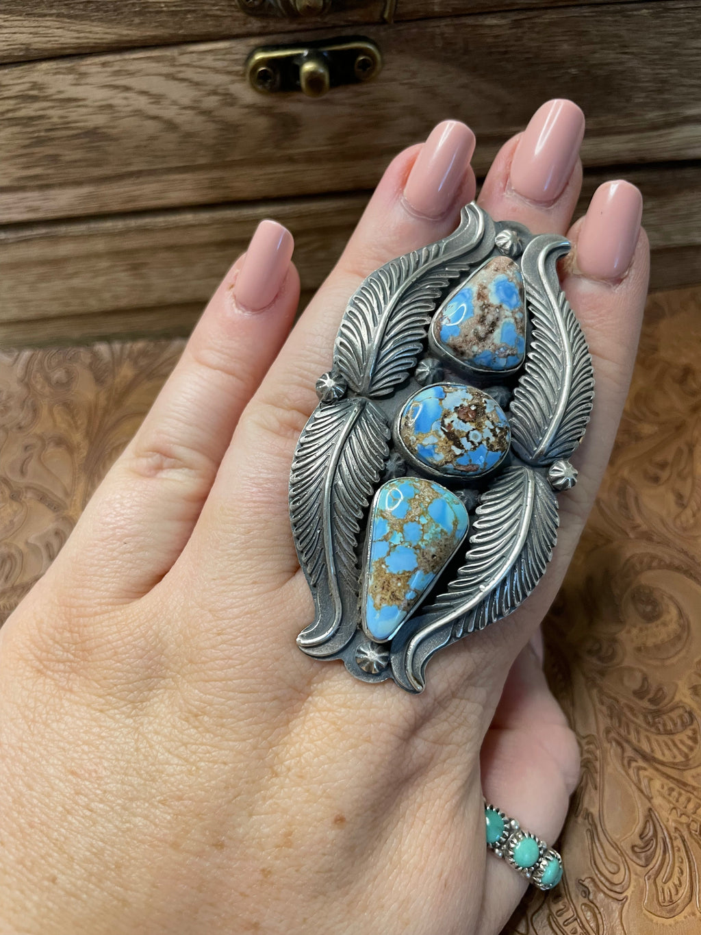 Handcrafted Golden Hills Turquoise And Sterling Silver Feather Adjustable Ring