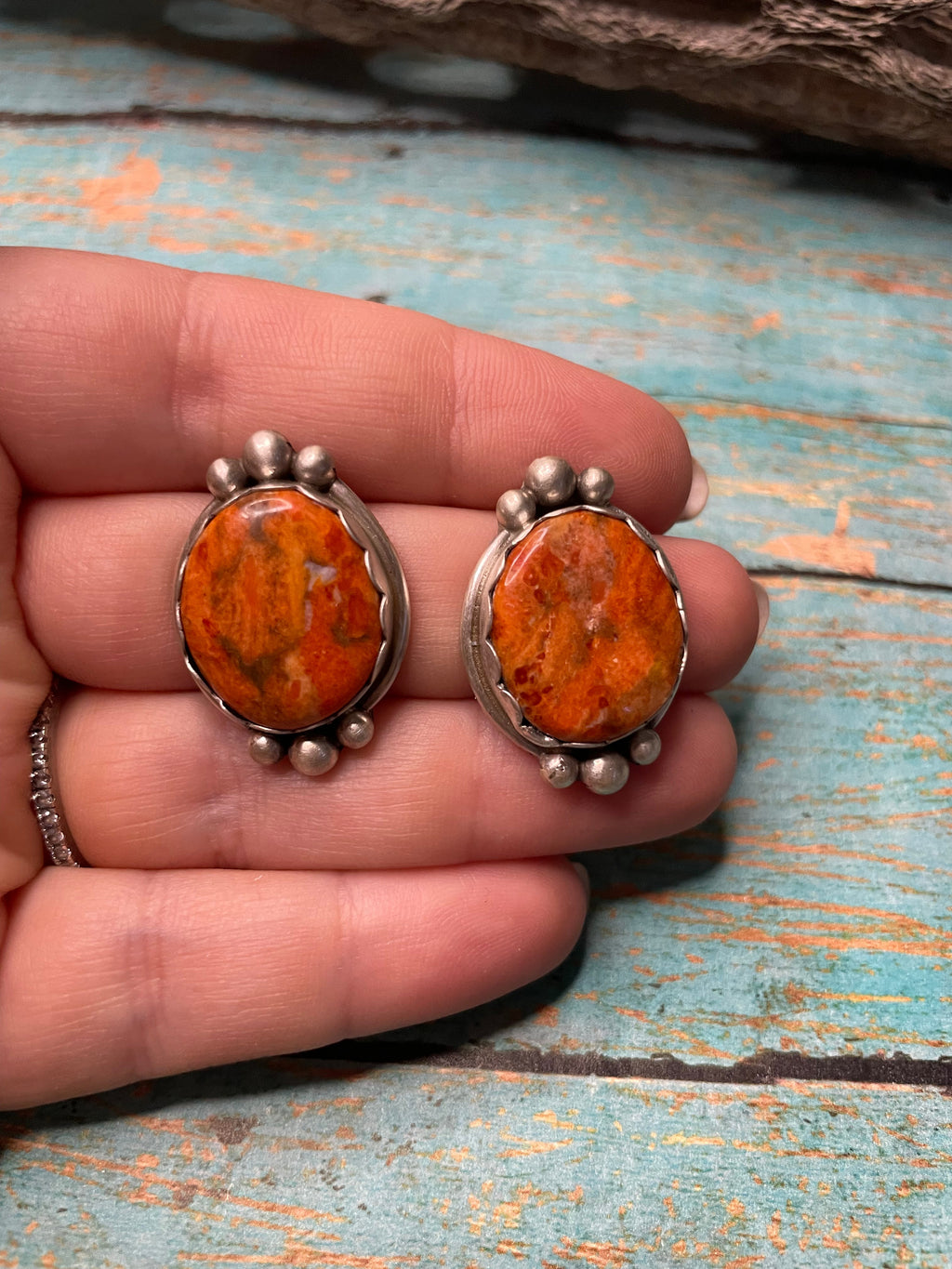 Handcrafted Apple Coral And Sterling Silver Post Earrings Signed
