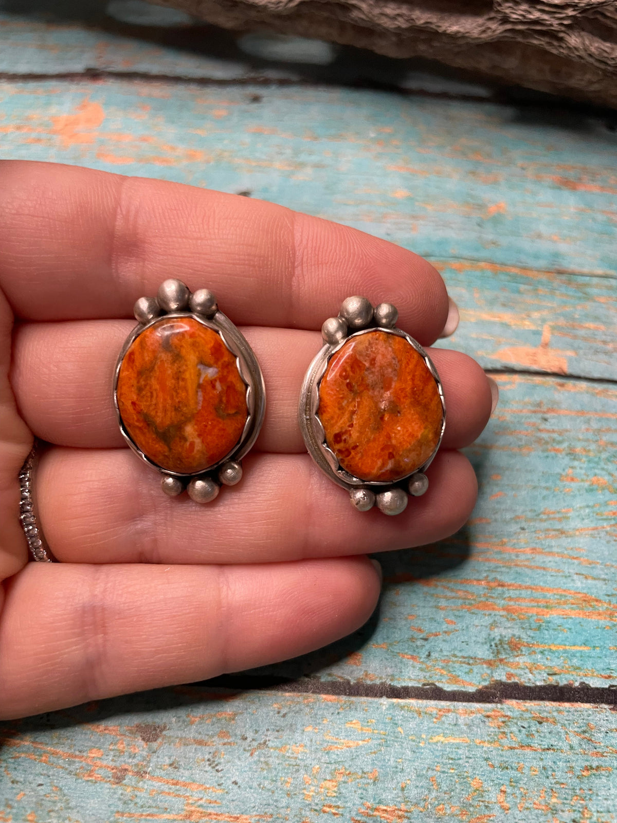 Handcrafted Apple Coral And Sterling Silver Post Earrings Signed