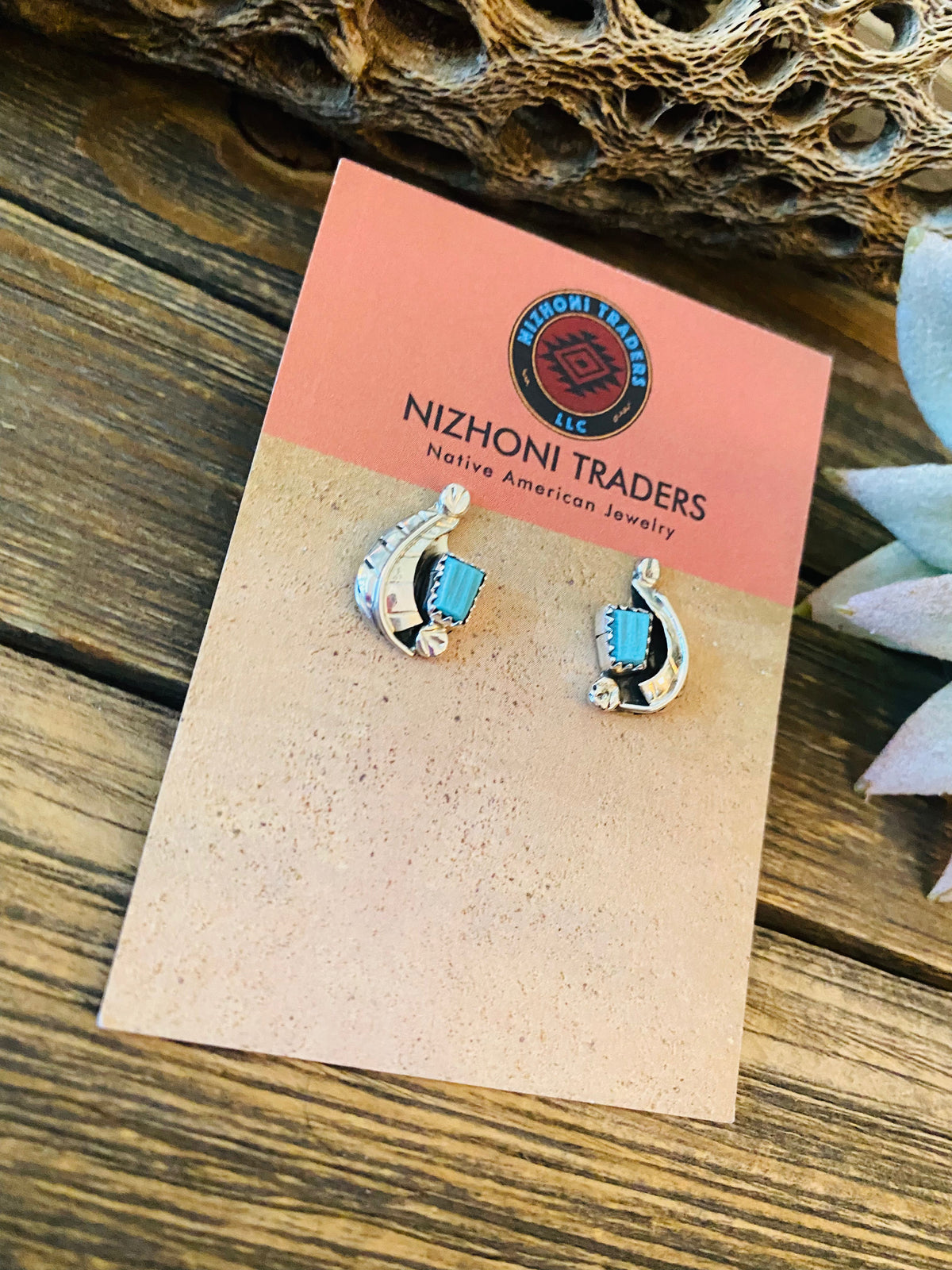 Handcrafted Sterling Silver & Turquoise Feather Stud Earrings Signed