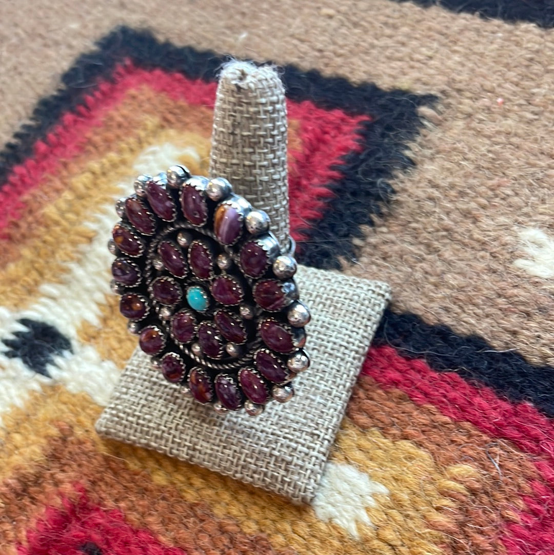 Handcrafted Sterling Silver, Turquoise, Purple Spiny Flower Adjustable Ring Signed