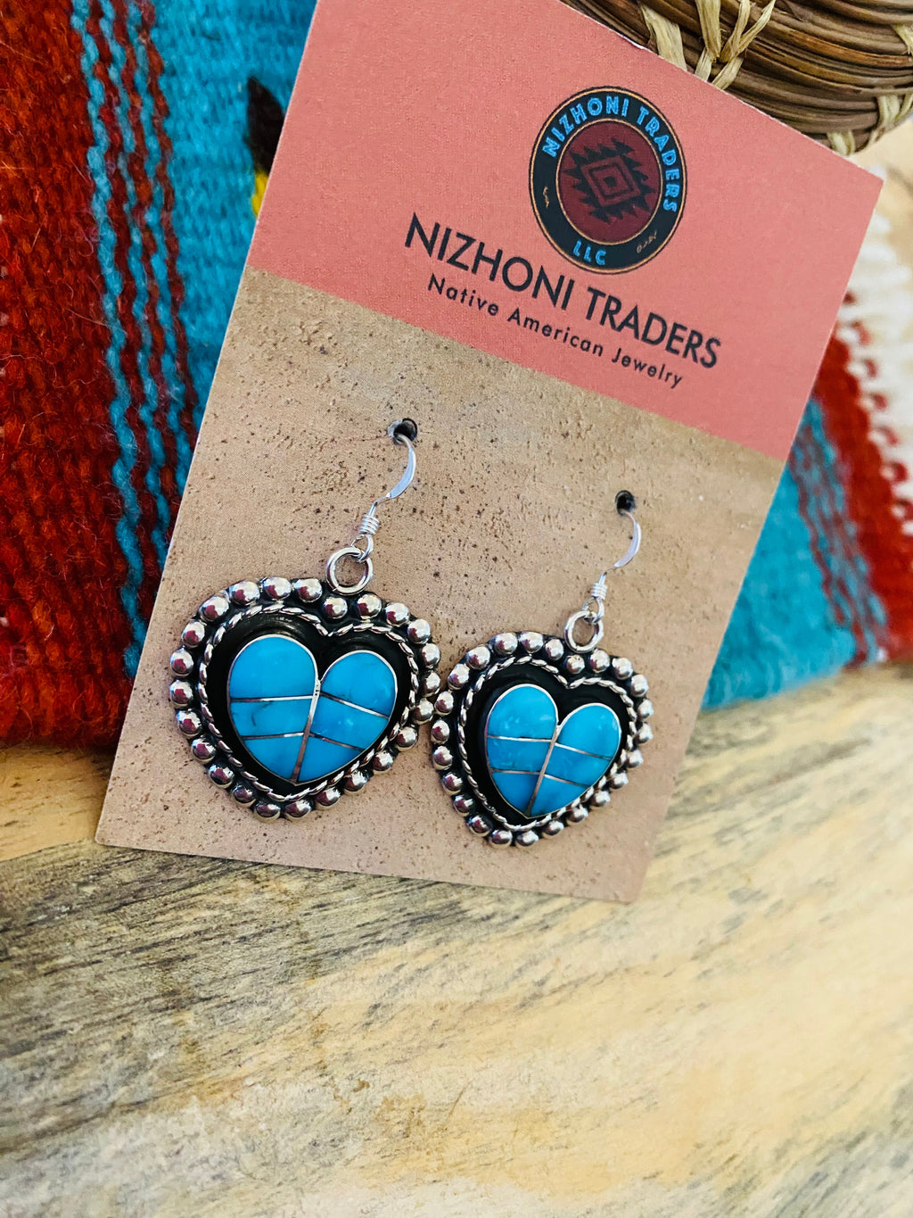 Handcrafted Sterling Silver & Turquoise Inlay Heart Dangle Earrings
