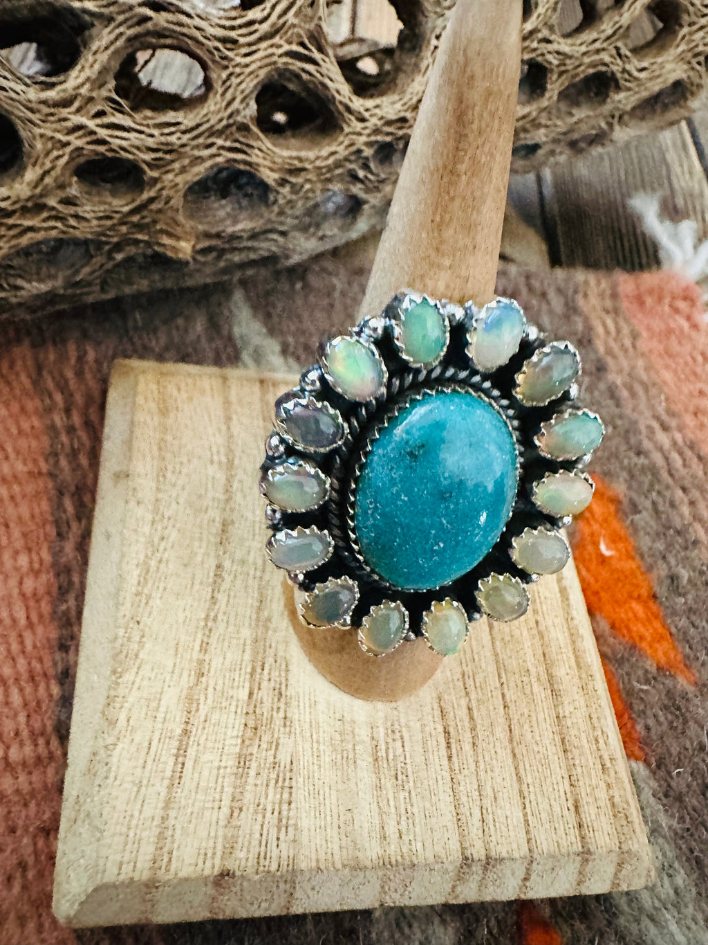 Handmade Sterling Silver Turquoise & Opal Cluster Adjustable Ring