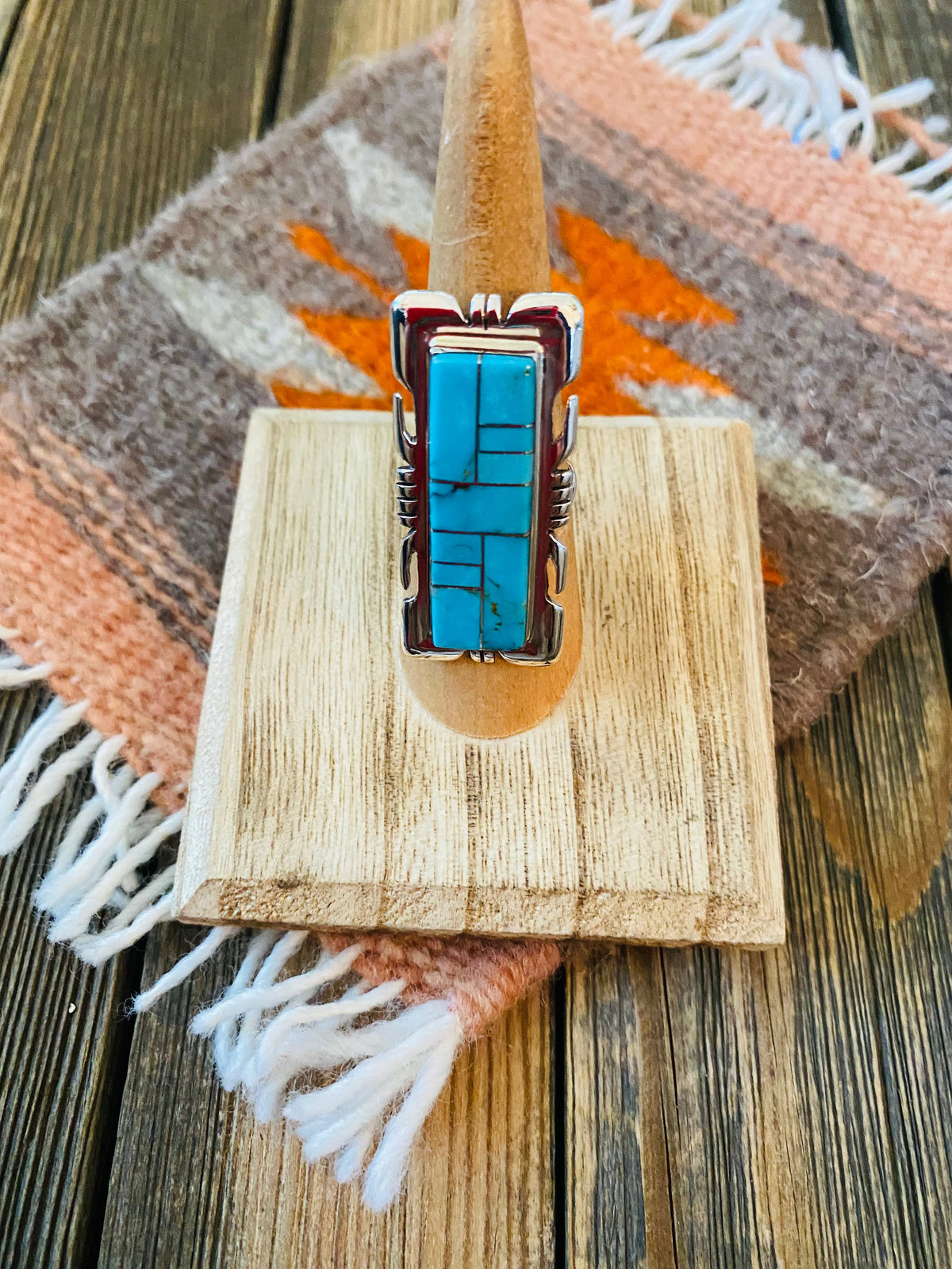 Handcrafted Sterling Silver & Turquoise Inlay Ring Size 6.5