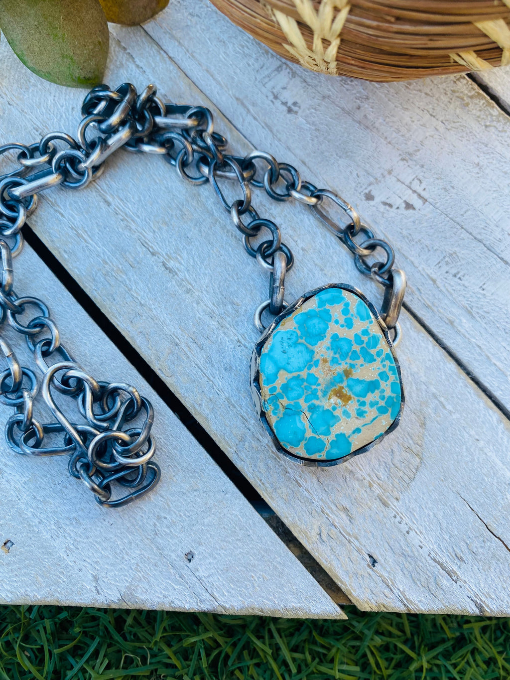 Handcrafted Number 8 Turquoise & Sterling Silver Necklace Signed