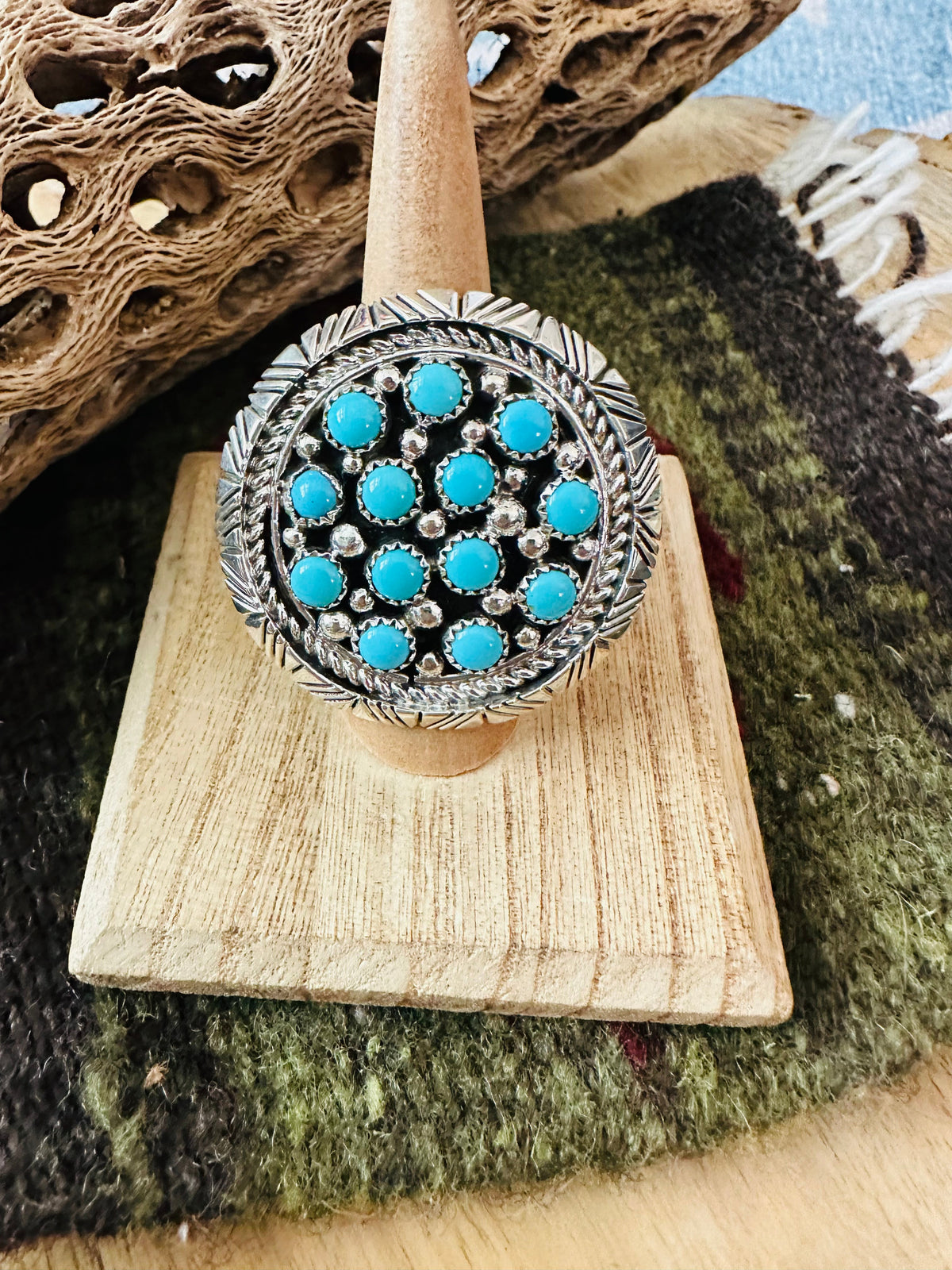 Handcrafted Sterling Silver & Turquoise Cluster Ring Signed