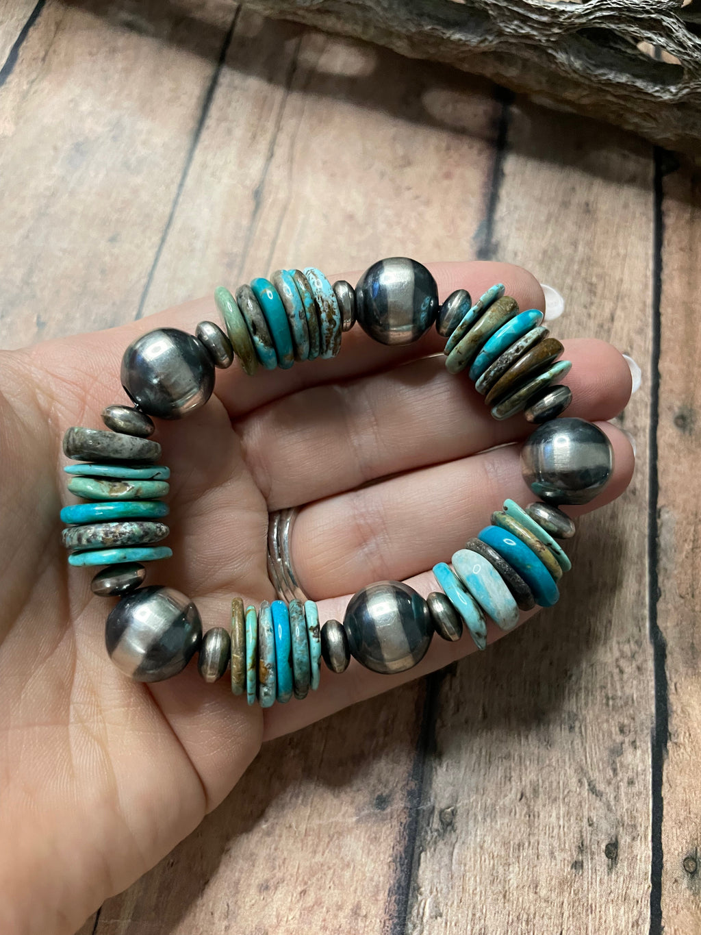 Handcrafted Sterling Silver Stretchy Natural #8 Turquoise Beaded Bracelet