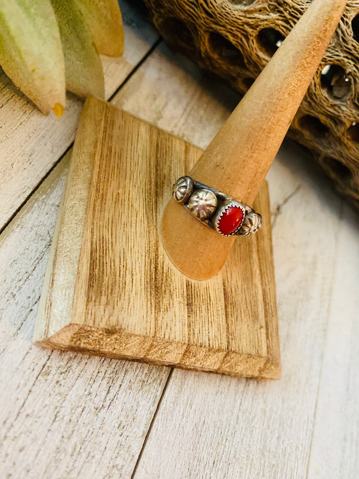 Handcrafted Coral and Sterling Silver Concho Band Ring