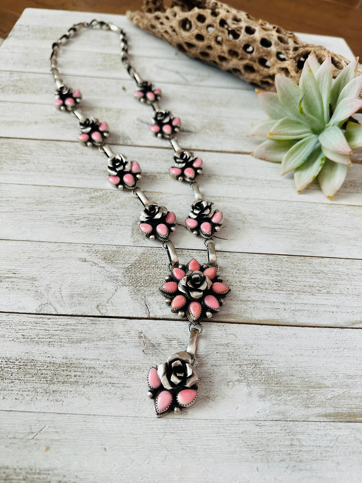 Handcrafted Sterling Silver & Queen Pink Conch Shell Flower Necklace