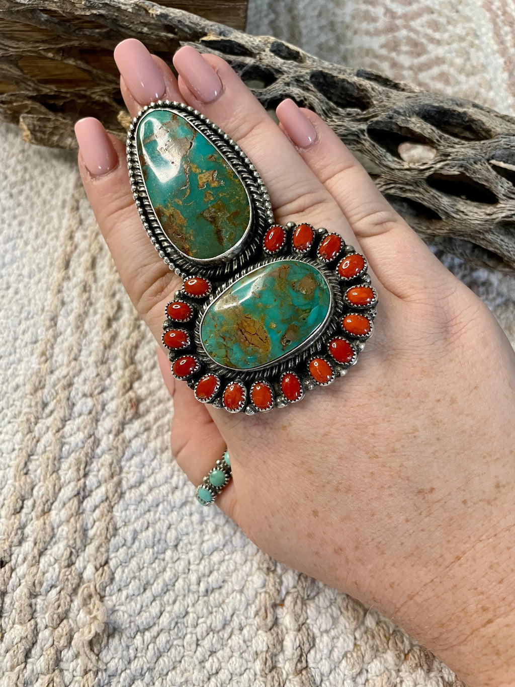 Handcrafted Sterling Silver Royston Turquoise And Coral Ring Size 10 Signed