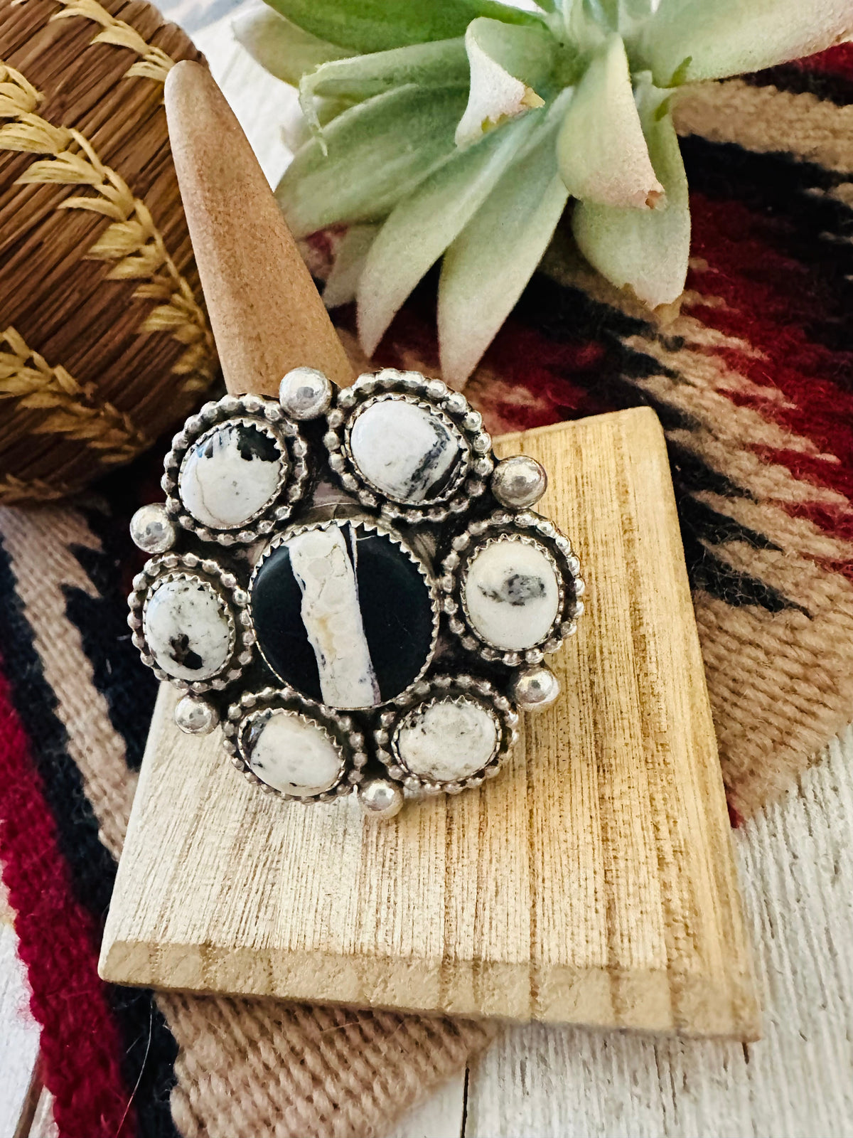 Handcrafted Sterling Silver And White Buffalo Cluster Adjustable Ring