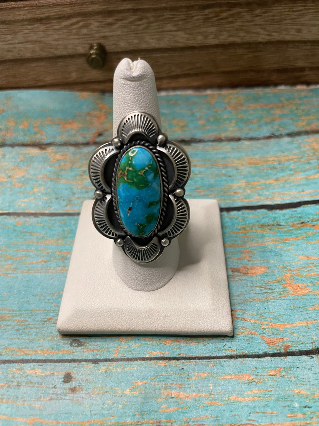 Handcrafted Sonoran Mountain Turquoise And Sterling Silver Statement Ring Size 8
