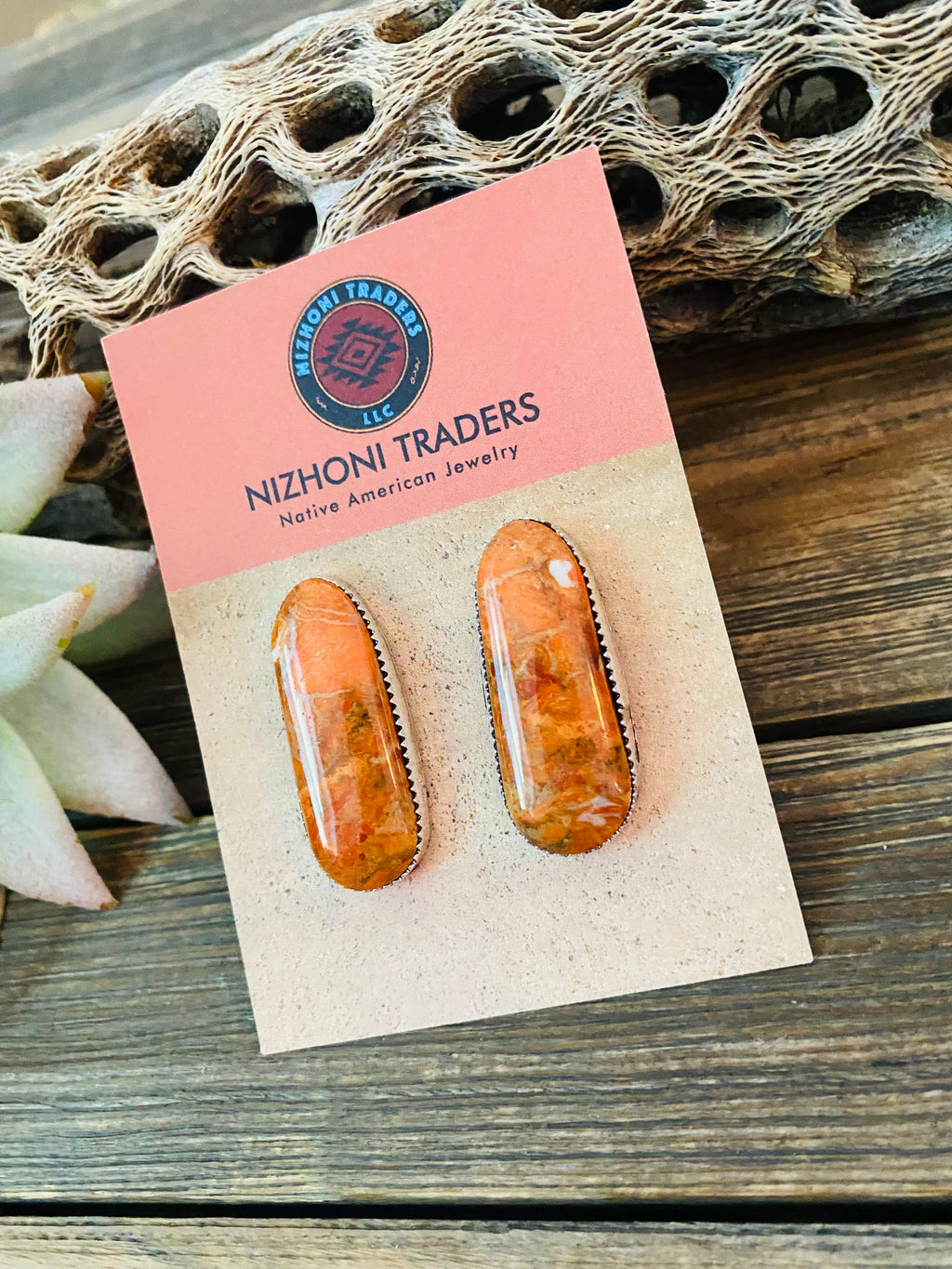 Handcrafted Sterling Silver & Orange Spiny Post Earrings 1.1/8”