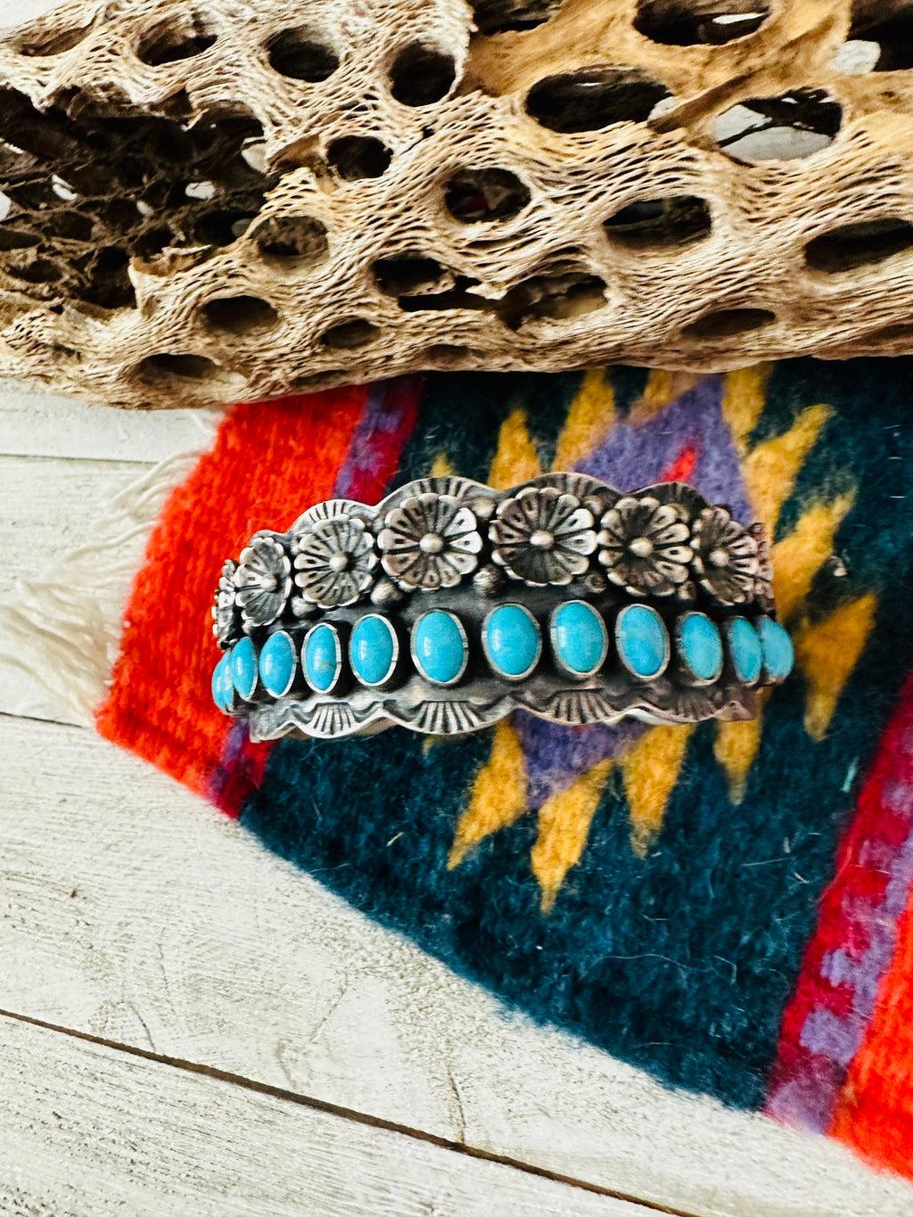 Handcrafted Turquoise & Sterling Silver Flower Cuff Bracelet /