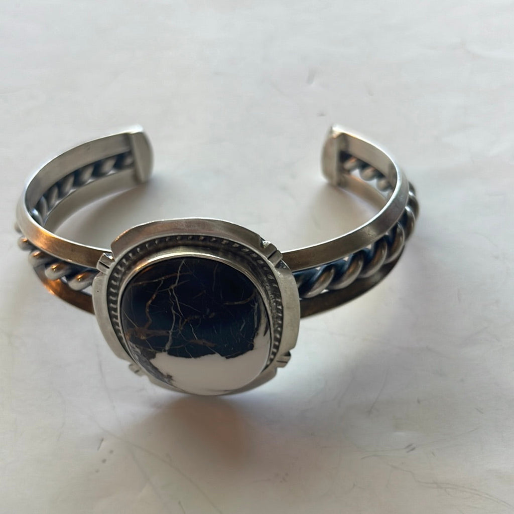 Beautiful Handcrafted White Buffalo & Sterling Silver Cuff Bracelet Signed