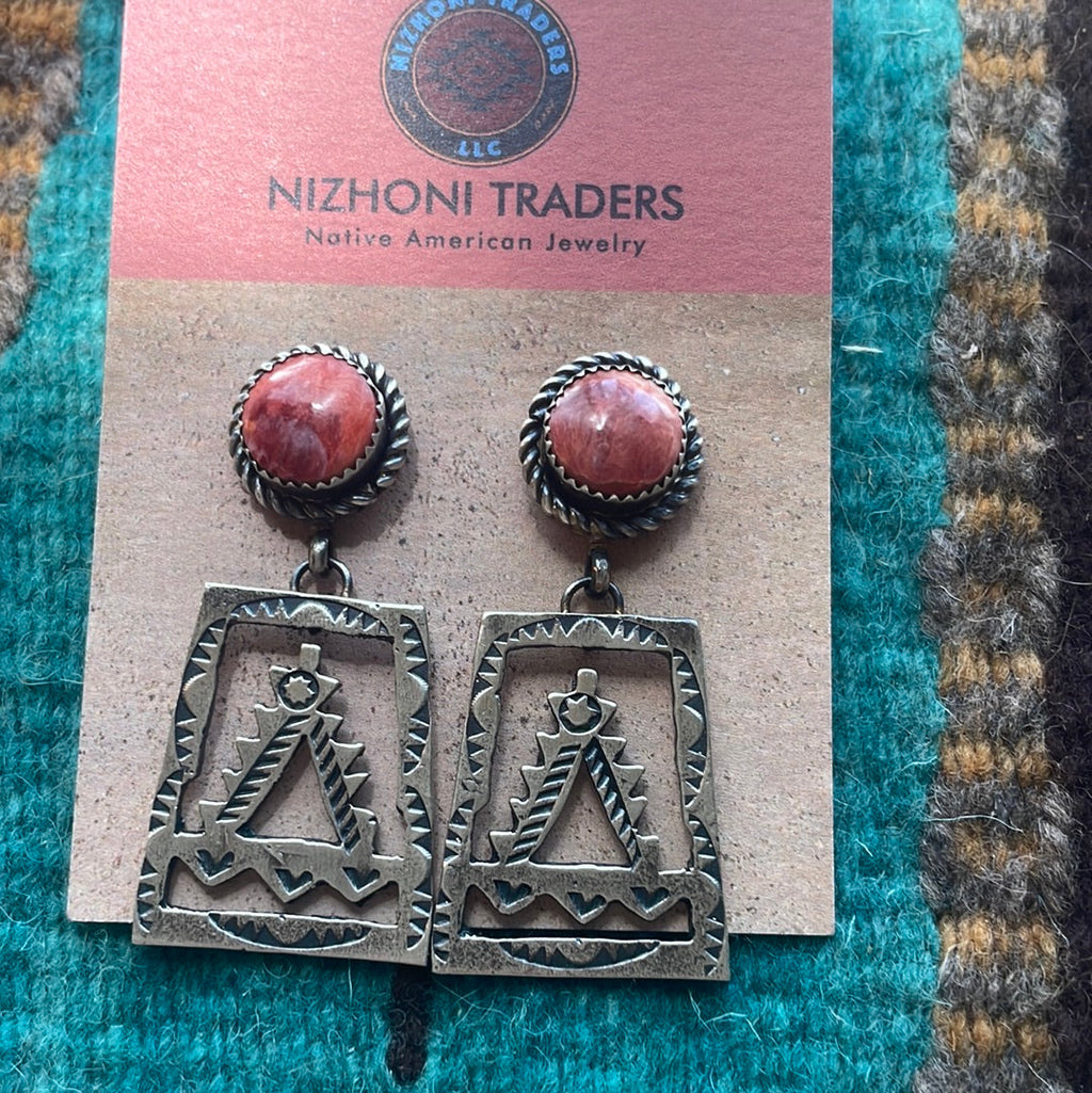 Beautiful Handcrafted Sterling Silver & Red Spiny Dangle Earrings Signed